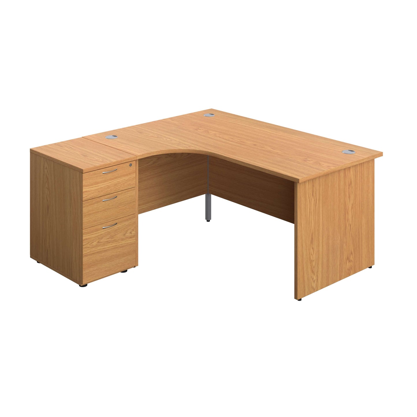 Panel Left Hand Radial Desk + 3 Drawer Desk High Pedestal Bundle (FSC) | 600 Deep Pedestal | 1600X1200 | Nova Oak/Nova Oak