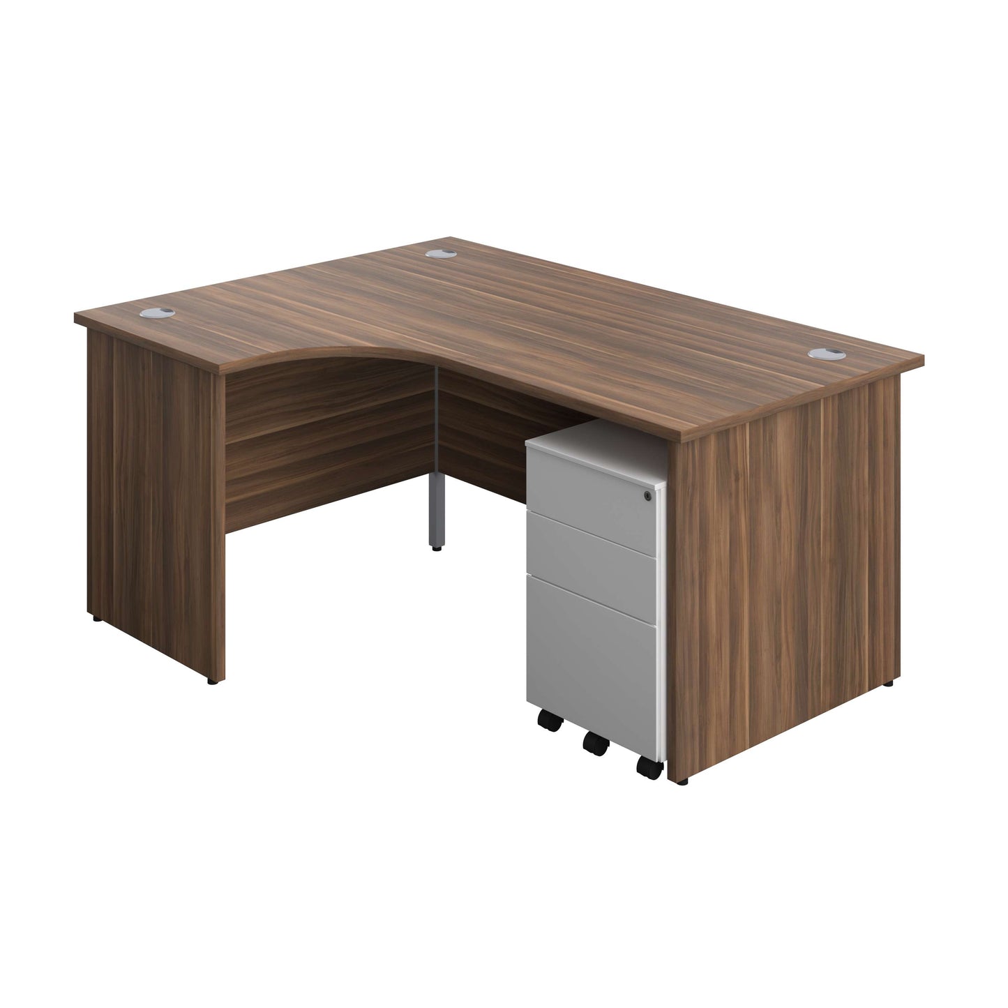 Panel Left Hand Radial Desk + 3 Drawer Steel Mobile Pedestal Bundle (FSC) | 1600X1200 | Dark Walnut/White