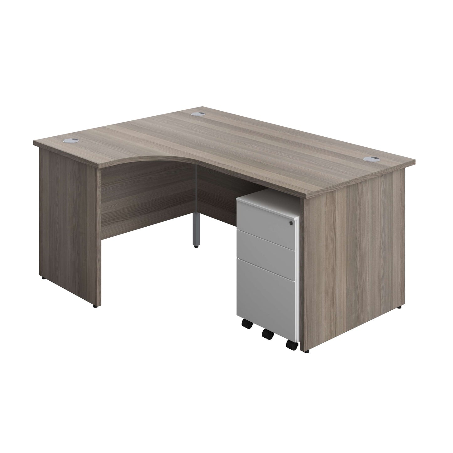 Panel Left Hand Radial Desk + 3 Drawer Steel Mobile Pedestal Bundle (FSC) | 1600X1200 | Grey Oak/White