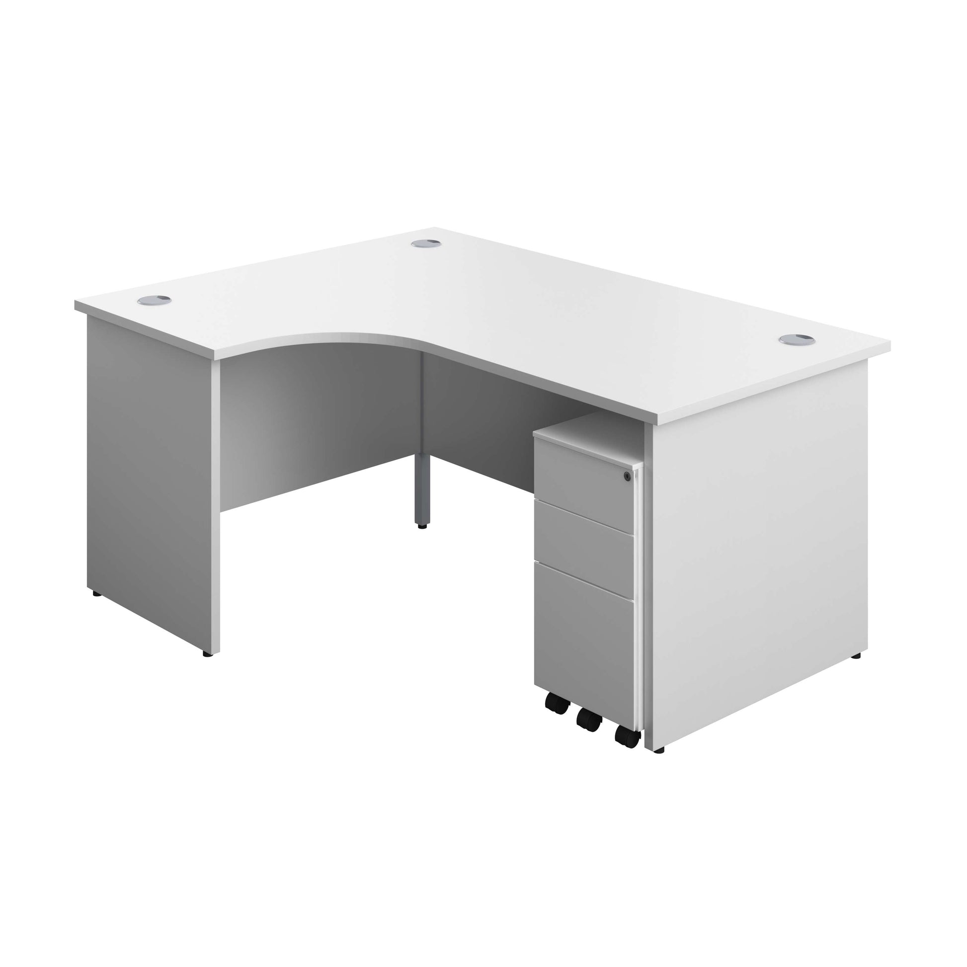 Panel Left Hand Radial Desk + 3 Drawer Slimline Steel Mobile Pedestal Bundle (FSC) | 1600X1200 | White/White