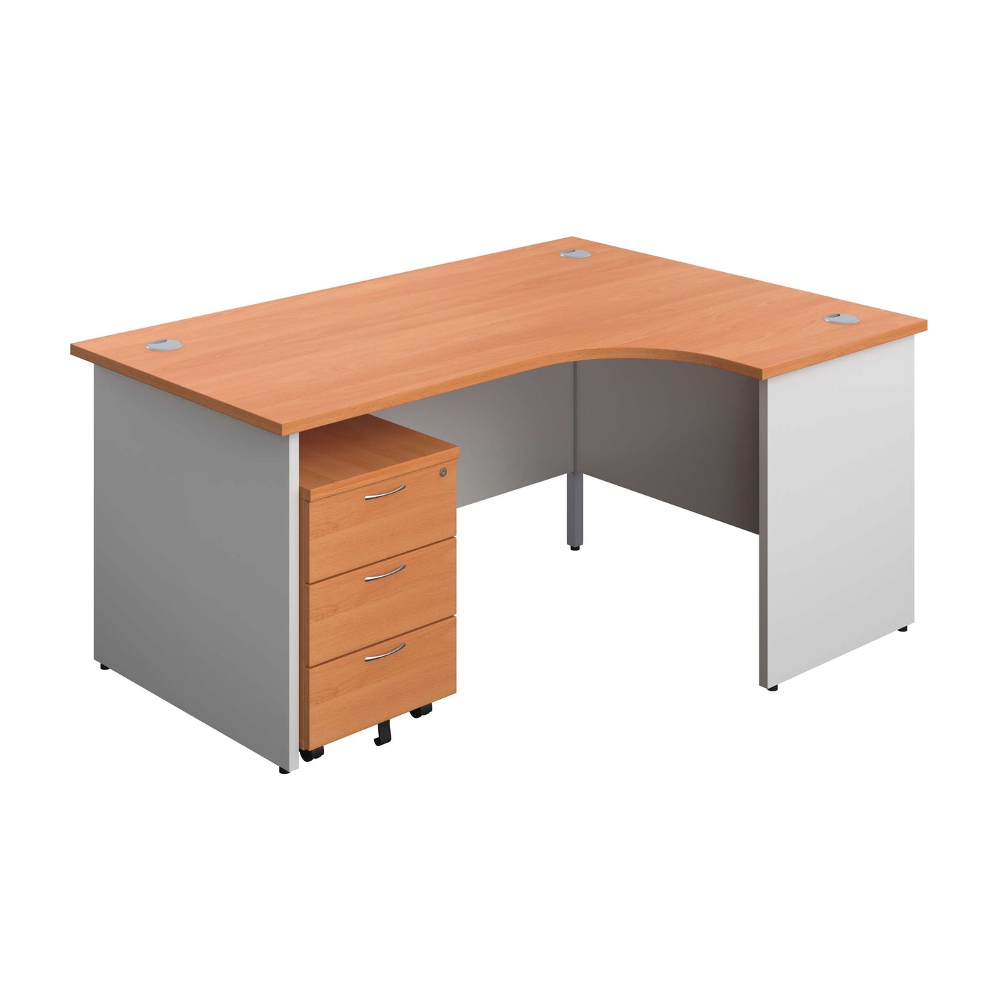 Panel Plus Right Radial Desk + 3 Drawer Mobile Pedestal Bundle (FSC) | 1600X1200 | Beech/White