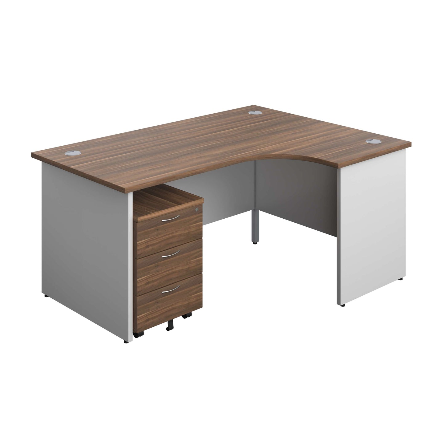 Panel Plus Right Radial Desk + 3 Drawer Mobile Pedestal Bundle (FSC) | 1600X1200 | Dark Walnut/White