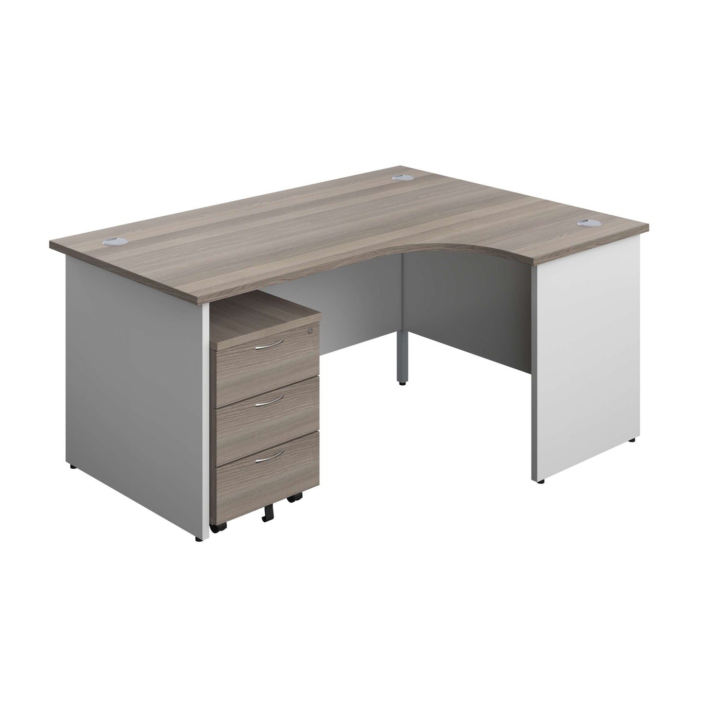 Panel Plus Right Radial Desk + 3 Drawer Mobile Pedestal Bundle (FSC) | 1600X1200 | Grey Oak/White