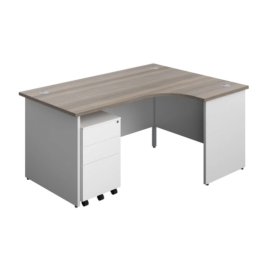 Panel Plus Right Radial Desk + 3 Drawer Steel Mobile Pedestal Bundle (FSC) | 1600X1200 | Grey Oak/White