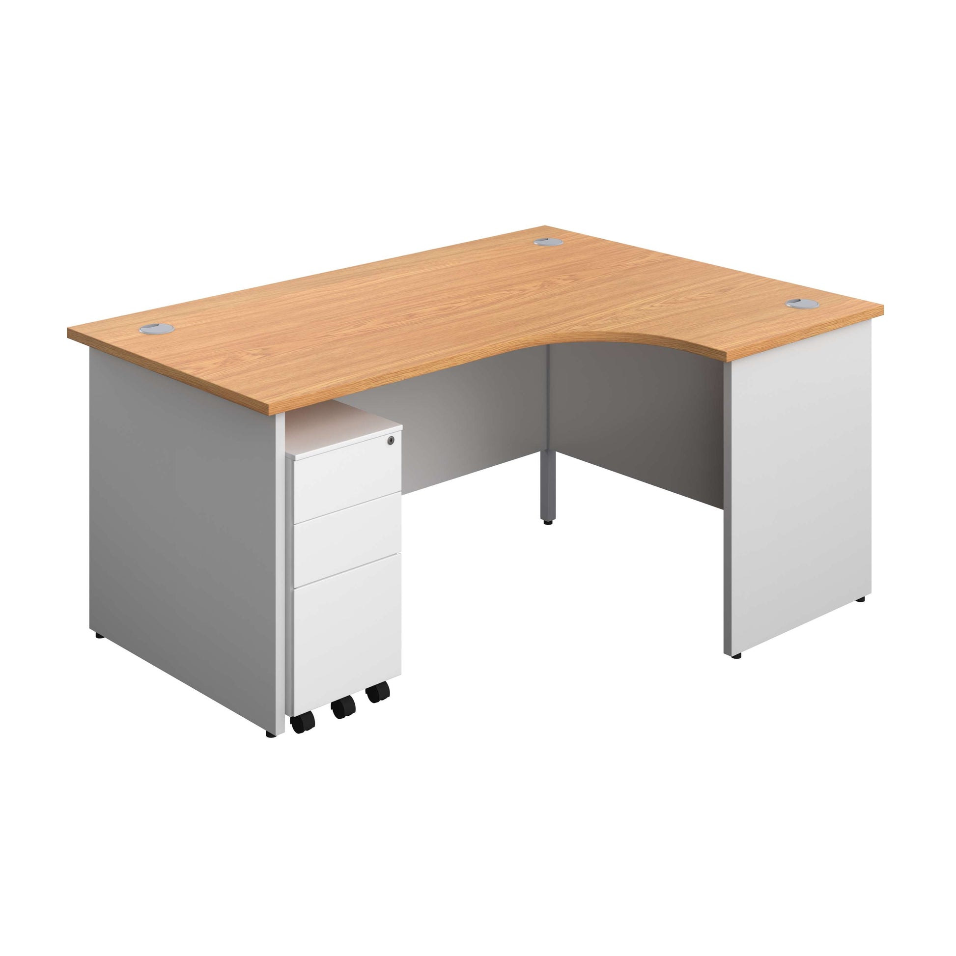 Panel Plus Right Radial Desk + 3 Drawer White Slimline Steel Mobile Pedestal Bundle (FSC) | 1600X1200 | Nova Oak/White