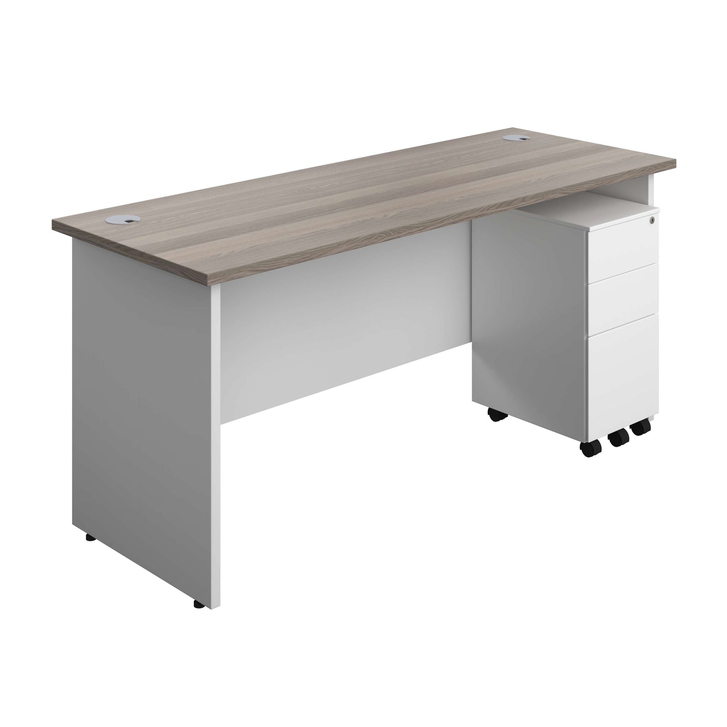 Panel Plus Rectangular Desk + 3 Drawer Slimline Steel Pedestal Bundle (FSC) | 1600X600 | Grey Oak/White