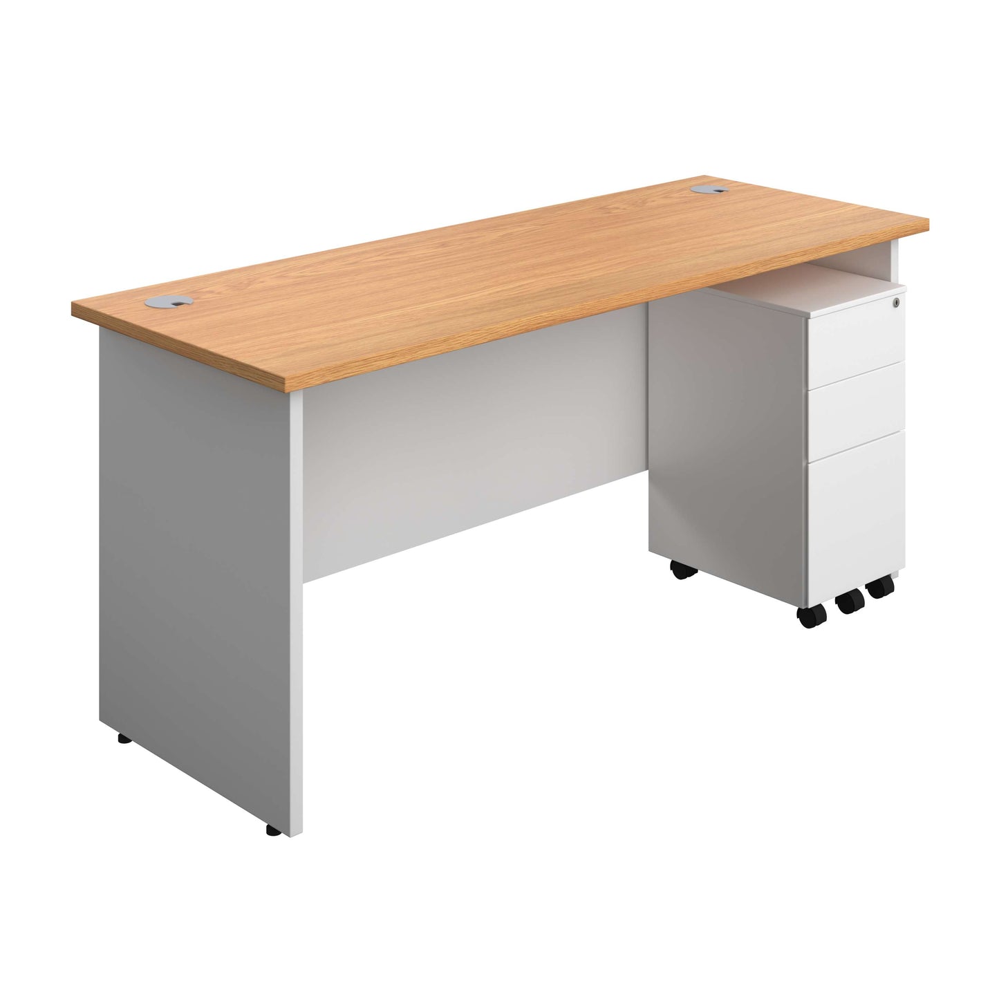 Panel Plus Rectangular Desk + 3 Drawer Slimline Steel Pedestal Bundle (FSC) | 1600X600 | Nova Oak/White