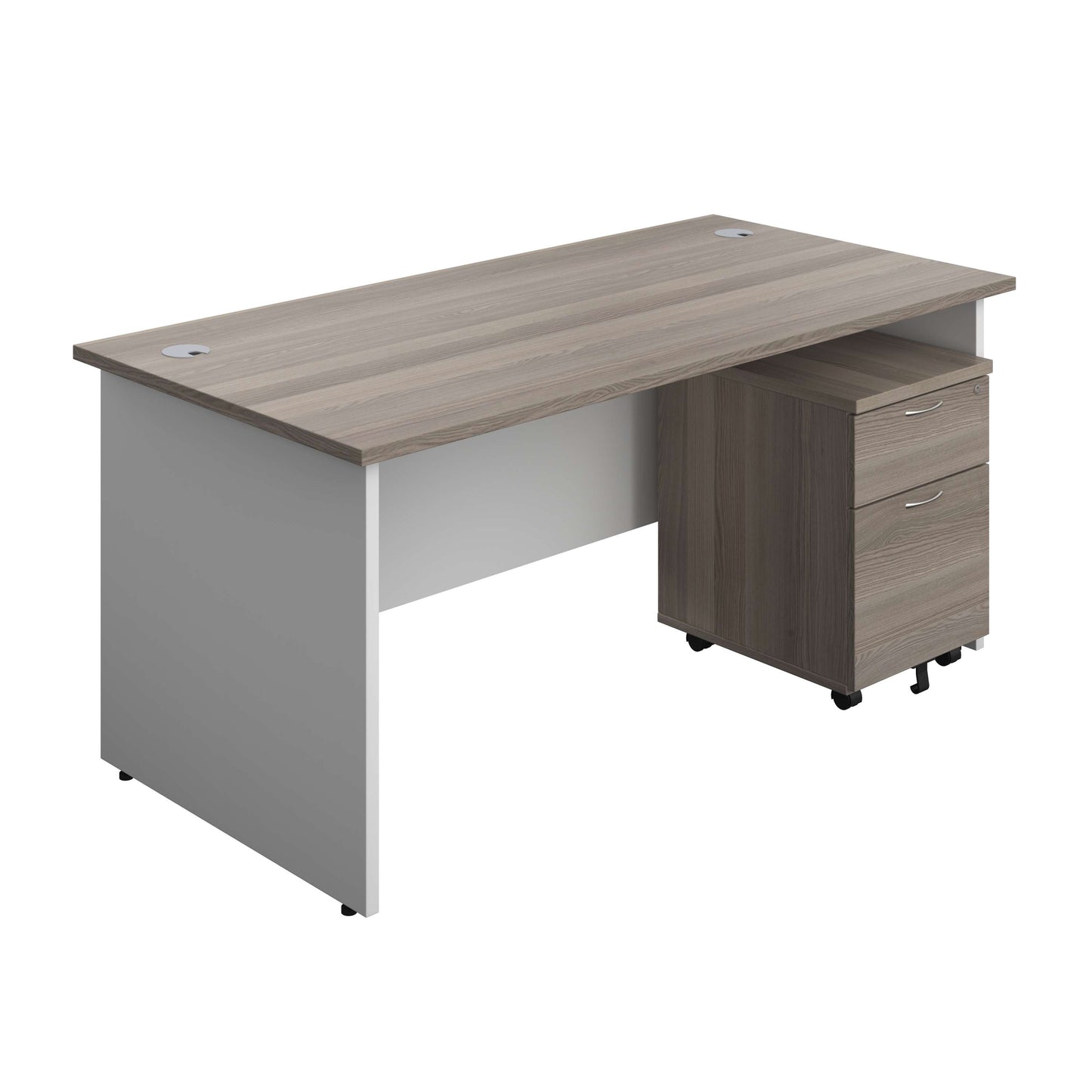 Panel Plus Rectangular Desk + 2 Drawer Mobile Pedestal Bundle (FSC) | 1600X800 | Grey Oak/White