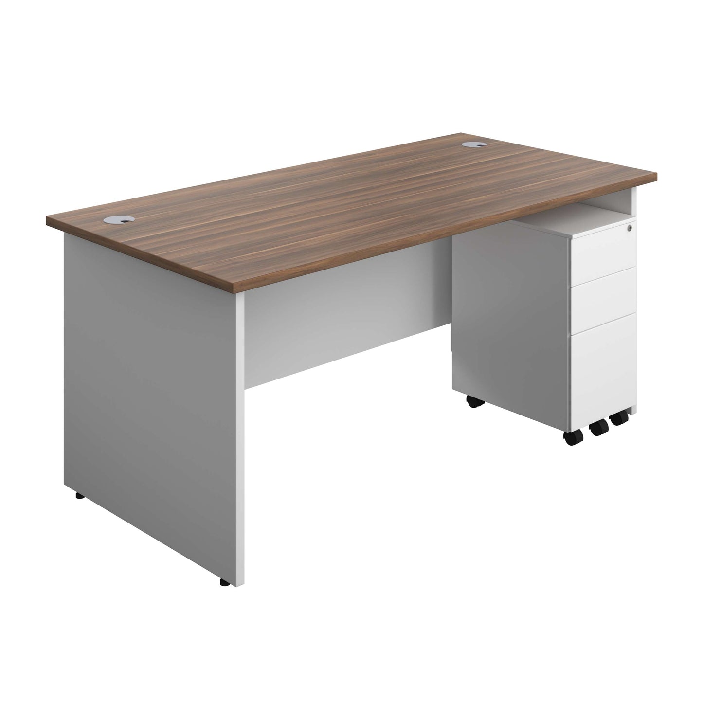 Panel Plus Rectangular Desk + 3 Drawer Slimline Steel Pedestal Bundle (FSC) | 1600X800 | Dark Walnut/White