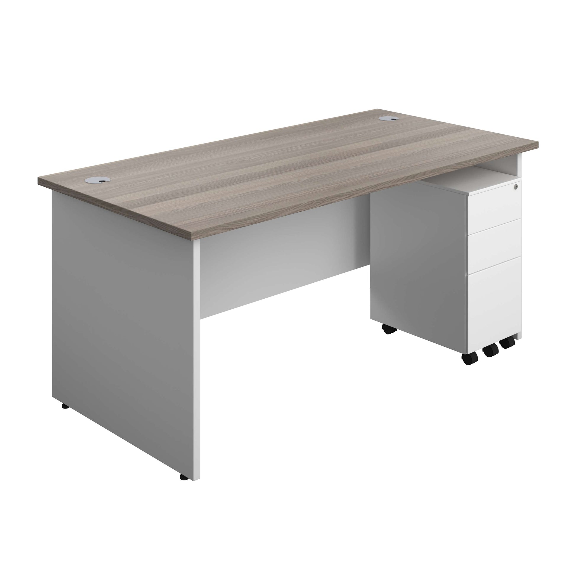 Panel Plus Rectangular Desk + 3 Drawer Slimline Steel Pedestal Bundle (FSC) | 1600X800 | Grey Oak/White