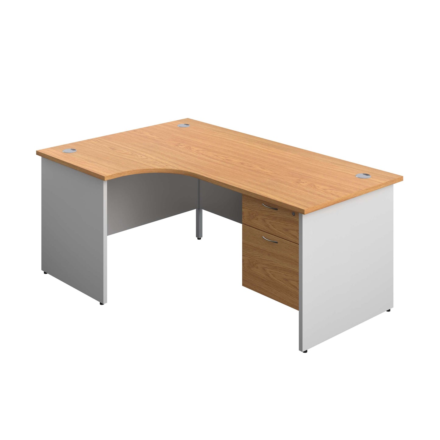 Panel Plus Left Radial Desk + 2 Drawer Fixed Pedestal Bundle (FSC) | 1800X1200 | Nova Oak/White