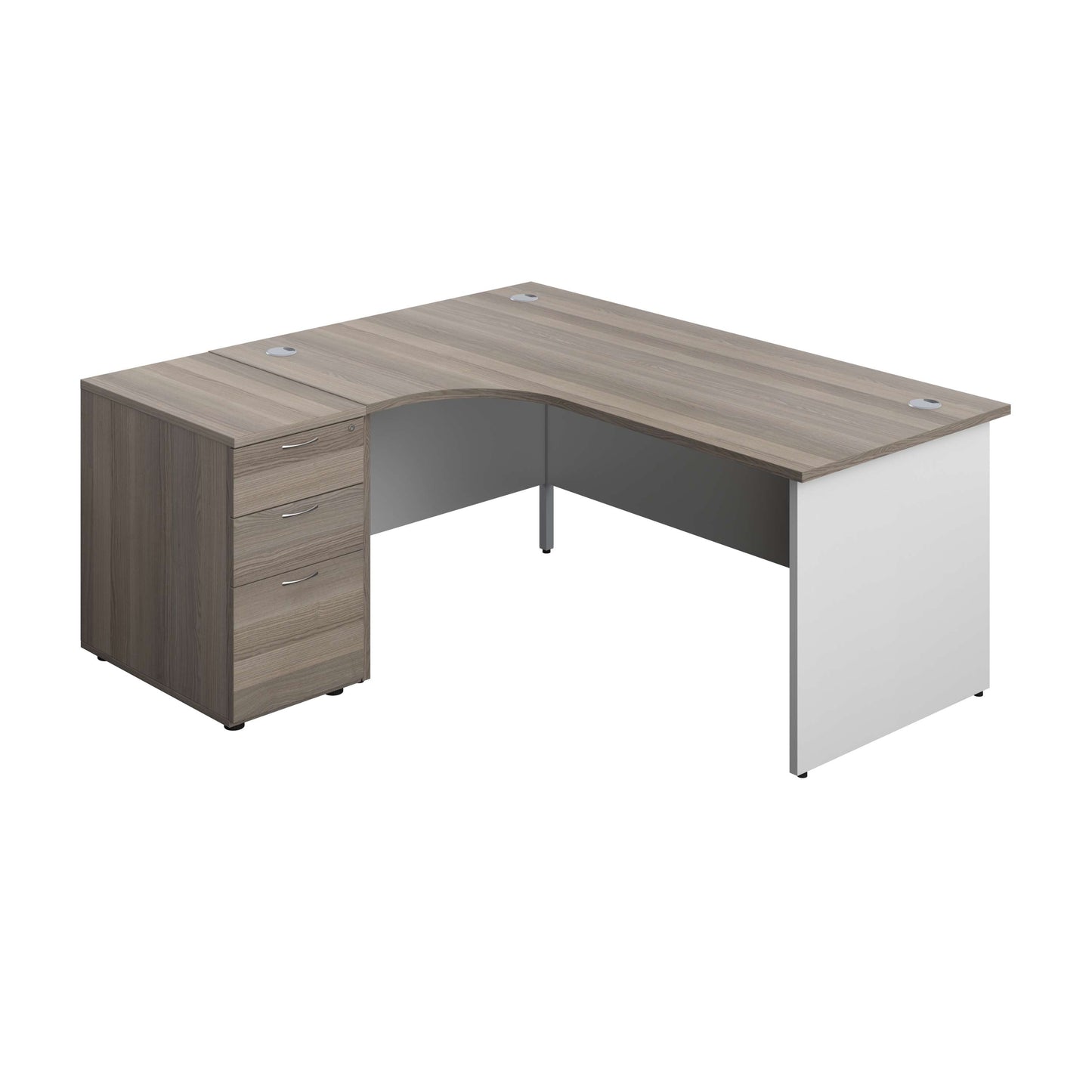 Panel Plus Left Radial Desk + Matching 3 Drawer Desk High Pedestal Bundle (FSC) | 600 Pedestal | 1800X1200 | Grey Oak/White