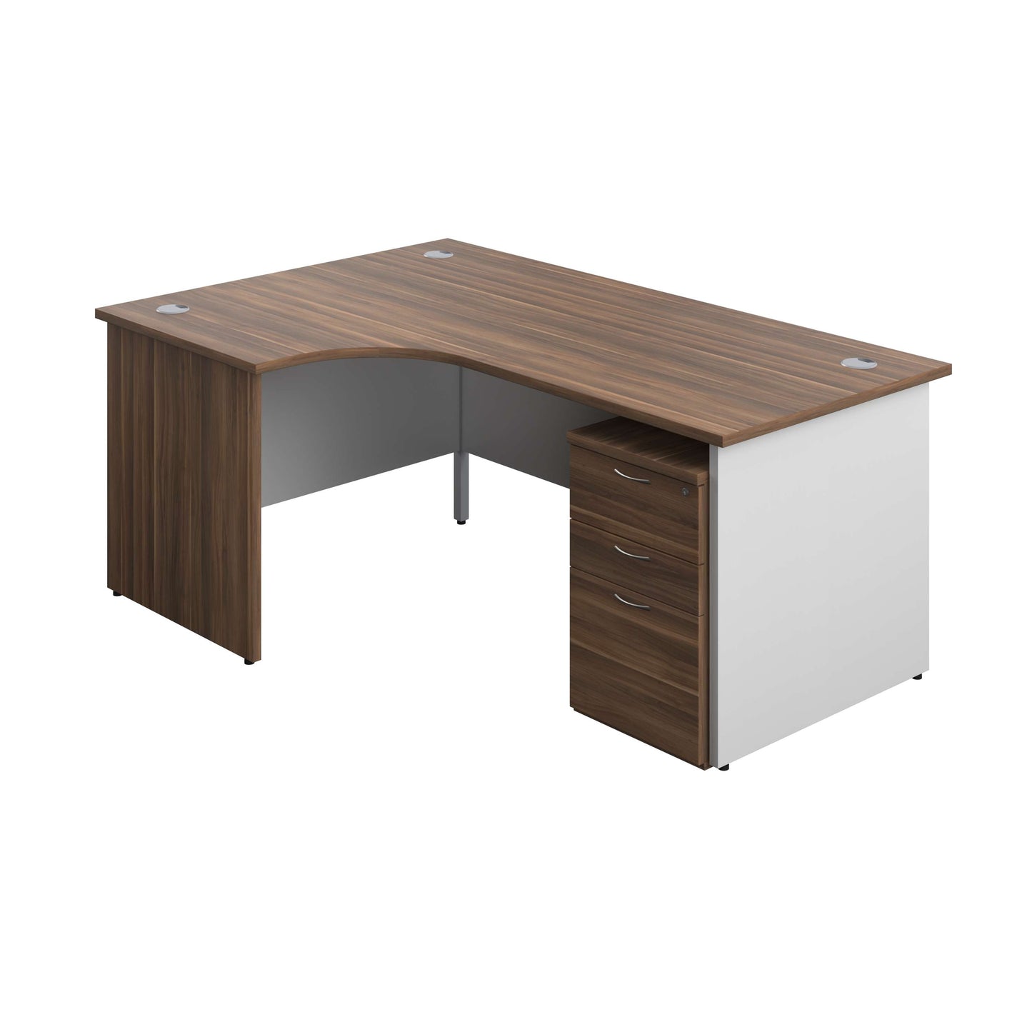 Panel Plus Left Radial Desk + 3 Drawer High Mobile Pedestal Bundle (FSC) | 1800X1200 | Dark Walnut/White