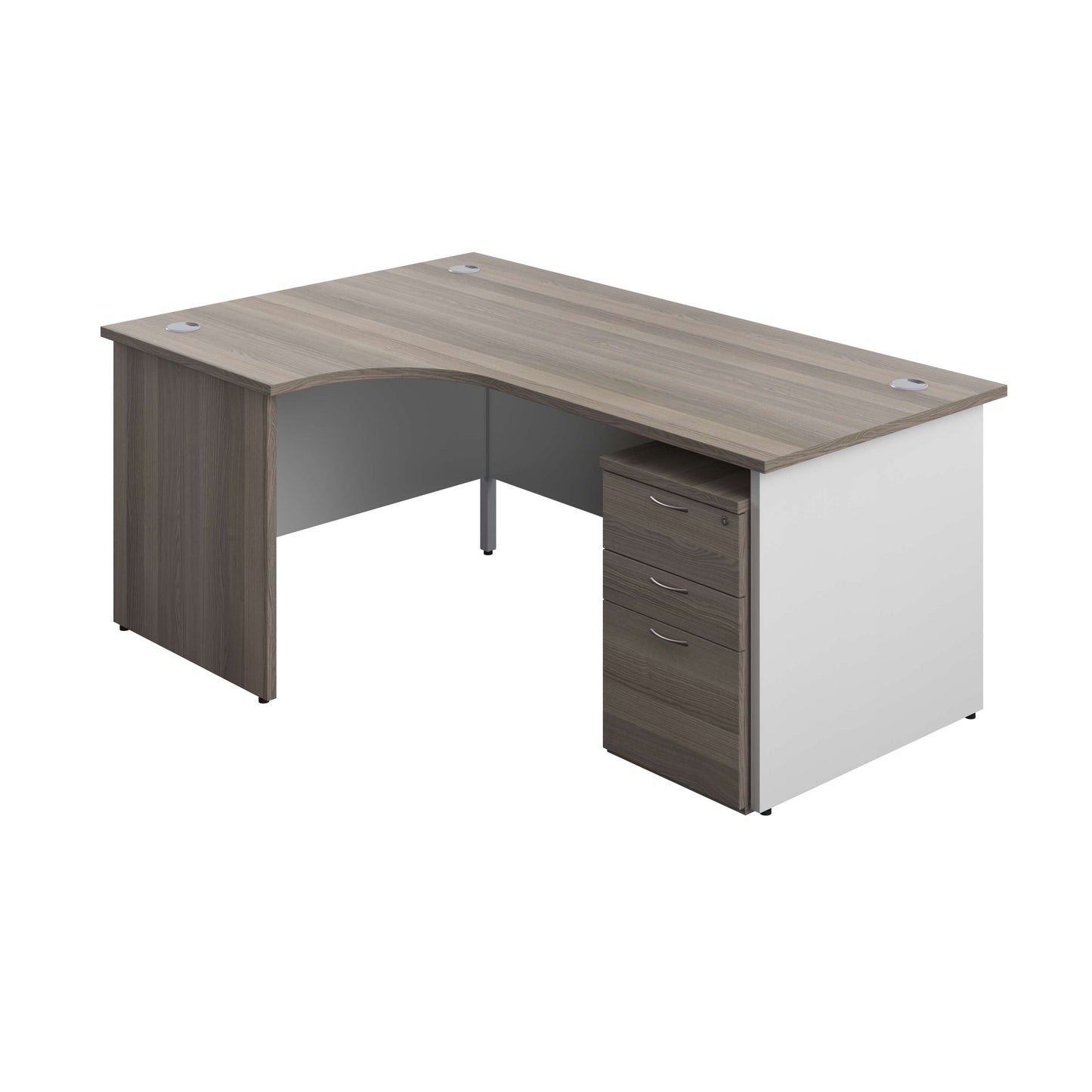 Panel Plus Left Radial Desk + 3 Drawer High Mobile Pedestal Bundle (FSC) | 1800X1200 | Grey Oak/White