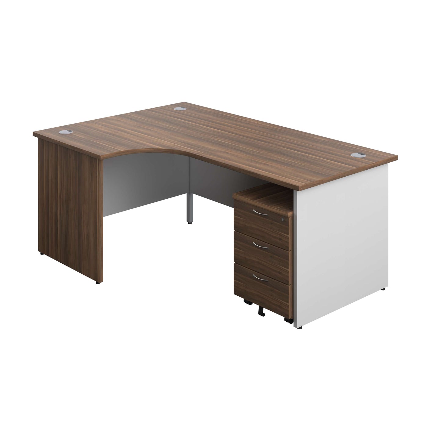 Panel Plus Left Radial Desk + 3 Drawer Mobile Pedestal Bundle (FSC) | 1800X1200 | Dark Walnut/White