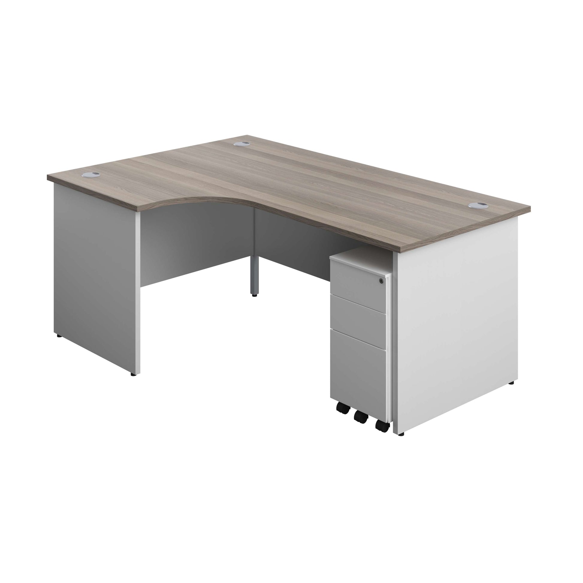 Panel Plus Left Radial Desk + 3 Drawer White Slimline Steel Mobile Pedestal Bundle (FSC) | 1800X1200 | Grey Oak/White