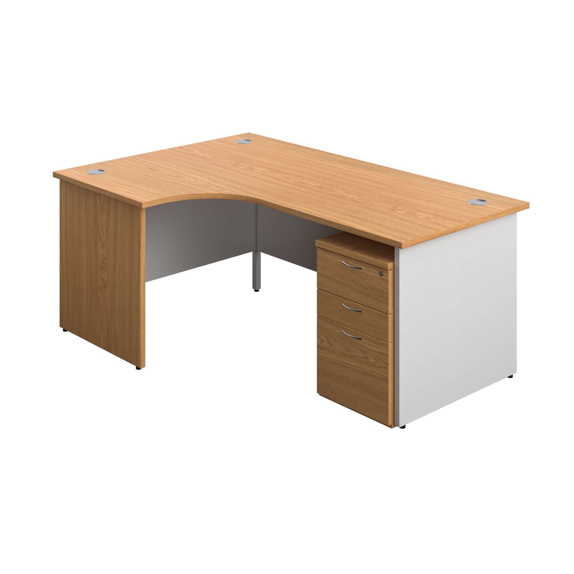 Panel Plus Left Radial Desk + 3 Drawer Under Desk Pedestal Bundle (FSC) | 1800X1200 | Nova Oak/White