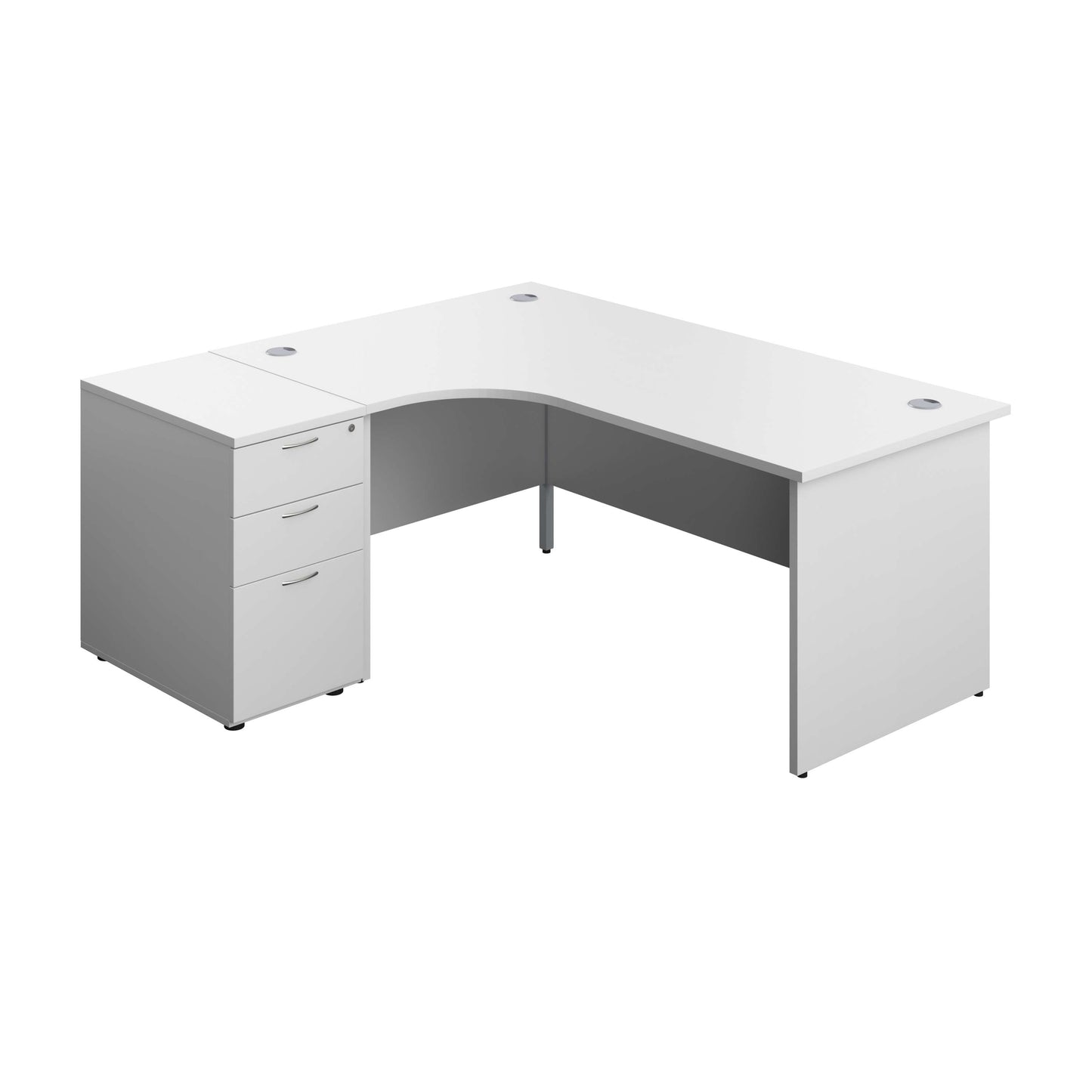 Panel Left Hand Radial Desk + 3 Drawer Desk High Pedestal Bundle (FSC) | 600 Deep Pedestal | 1800X1200 | White/White