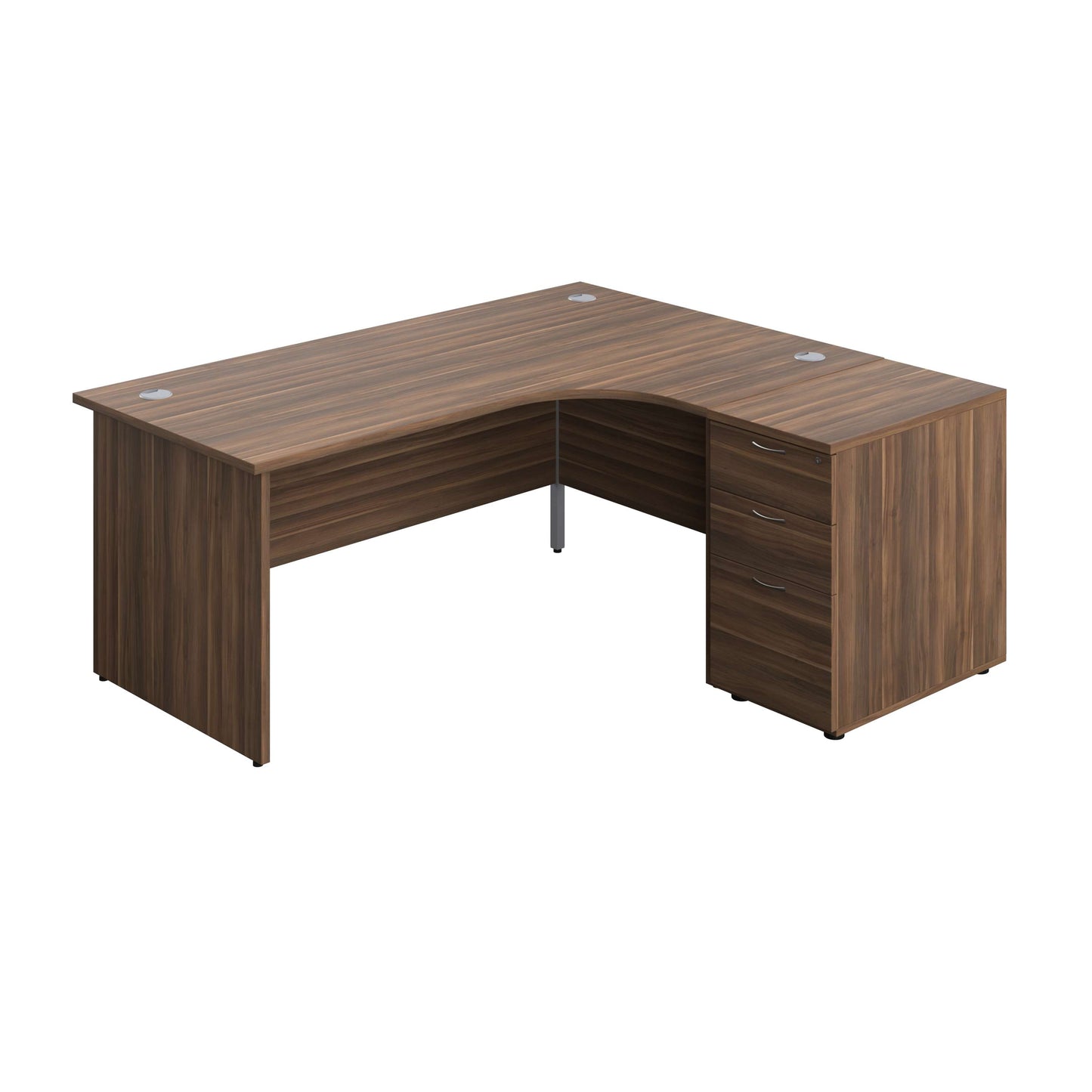 Panel Right Hand Radial Desk + 3 Drawer Desk High Pedestal Bundle (FSC) | 600 Deep Pedestal | 1800X1200 | Dark Walnut/Dark Walnut