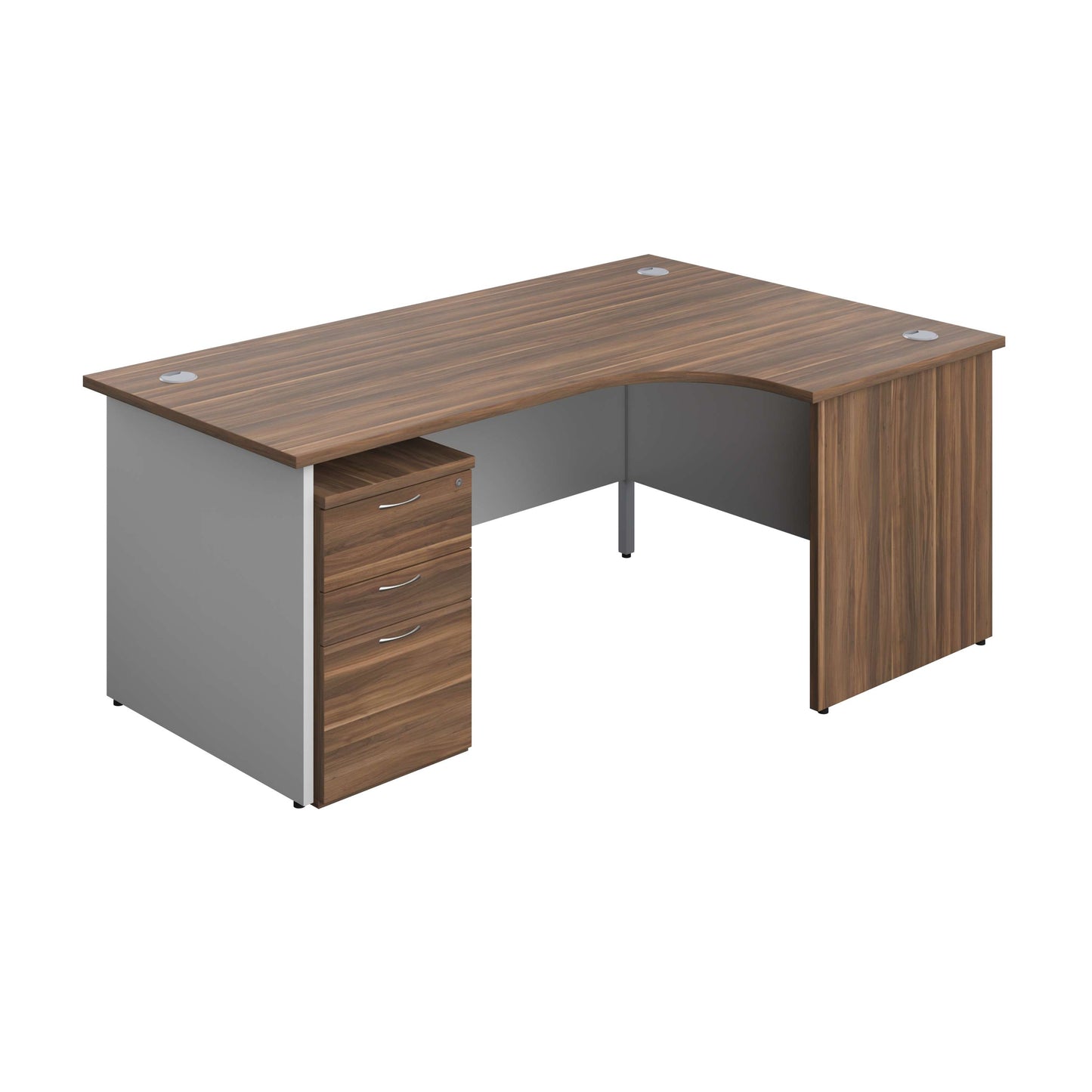 Panel Plus Right Radial Desk + 3 Drawer High Mobile Pedestal Bundle (FSC) | 1800X1200 | Dark Walnut/White