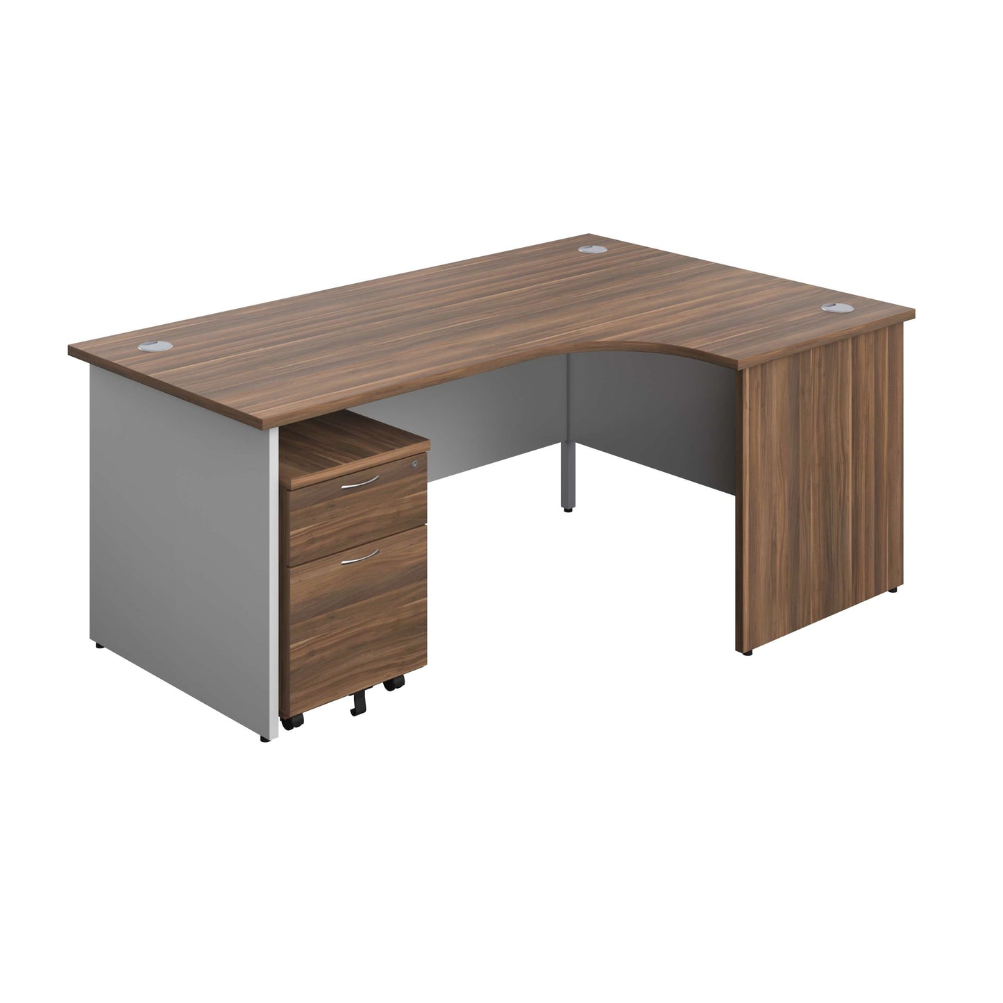 Panel Plus Right Radial Desk + 2 Drawer Mobile Pedestal Bundle (FSC) | 1800X1200 | Dark Walnut/White