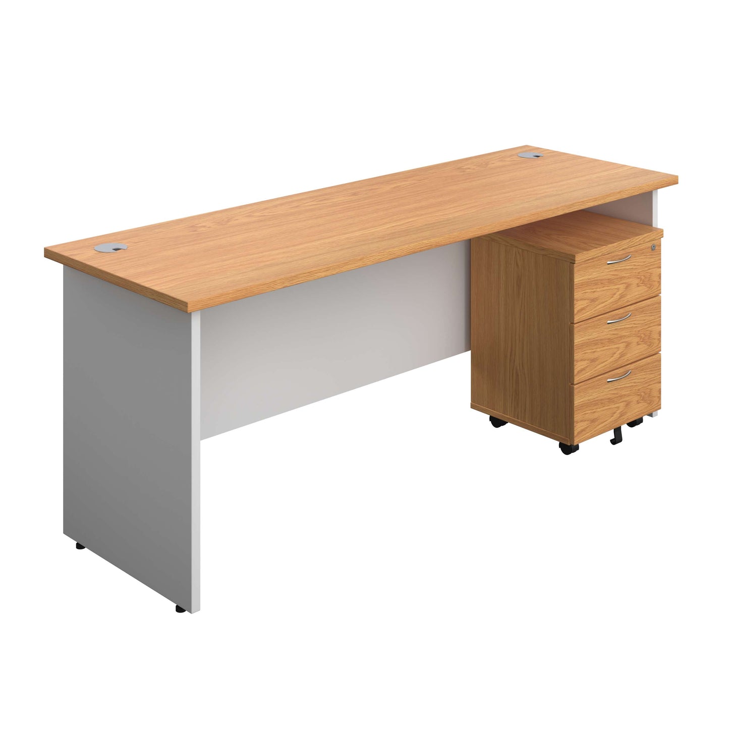 Panel Plus Rectangular Desk + 3 Drawer Mobile Pedestal Bundle (FSC) | 1800X600 | Nova Oak/White