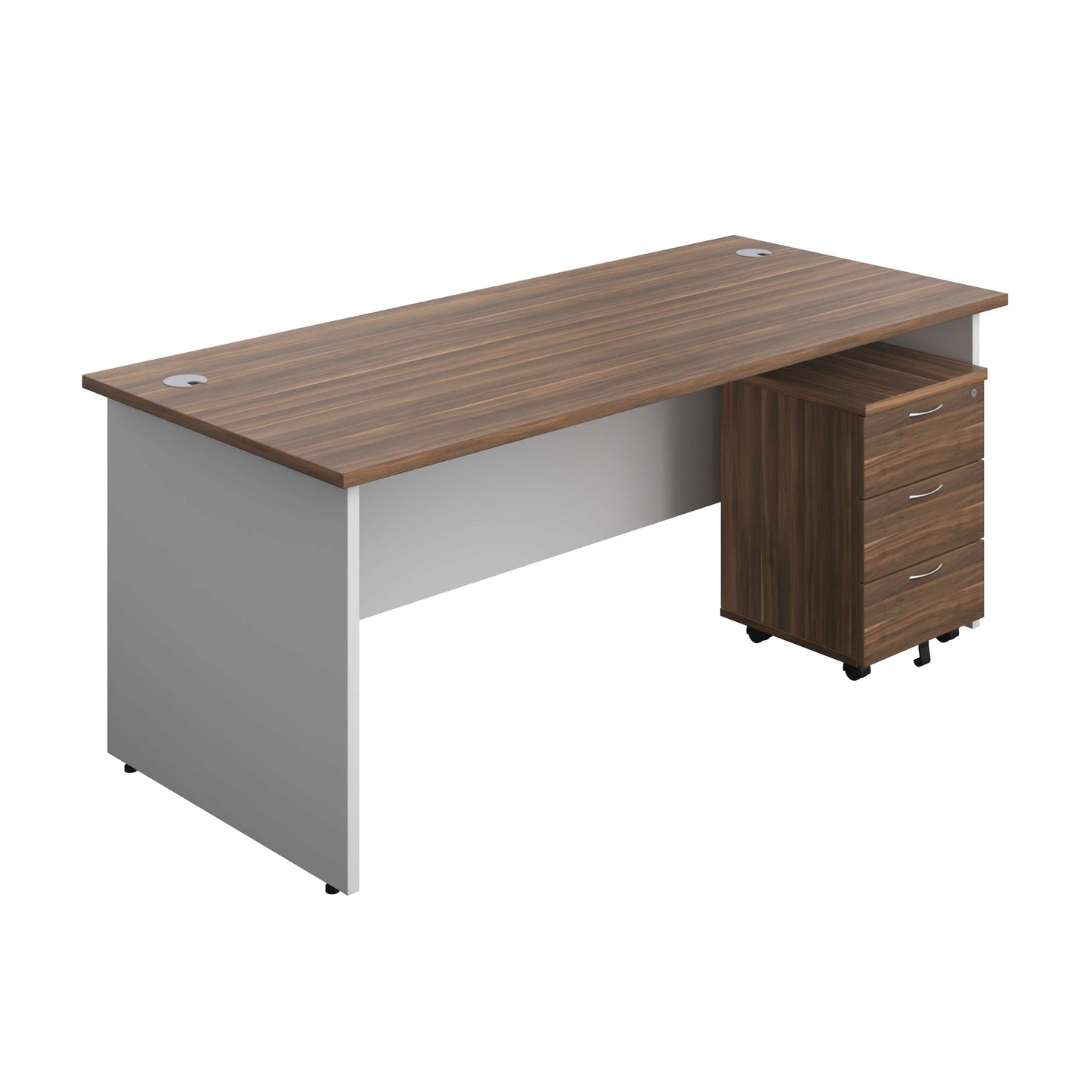 Panel Plus Rectangular Desk + 3 Drawer Mobile Pedestal Bundle (FSC) | 1800X800 | Dark Walnut/White