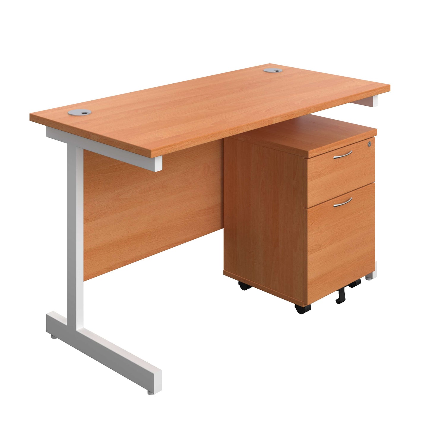 Single Upright Rectangular Desk + Mobile 2 Drawer Pedestal (FSC) | 1200 X 600 | Beech/White