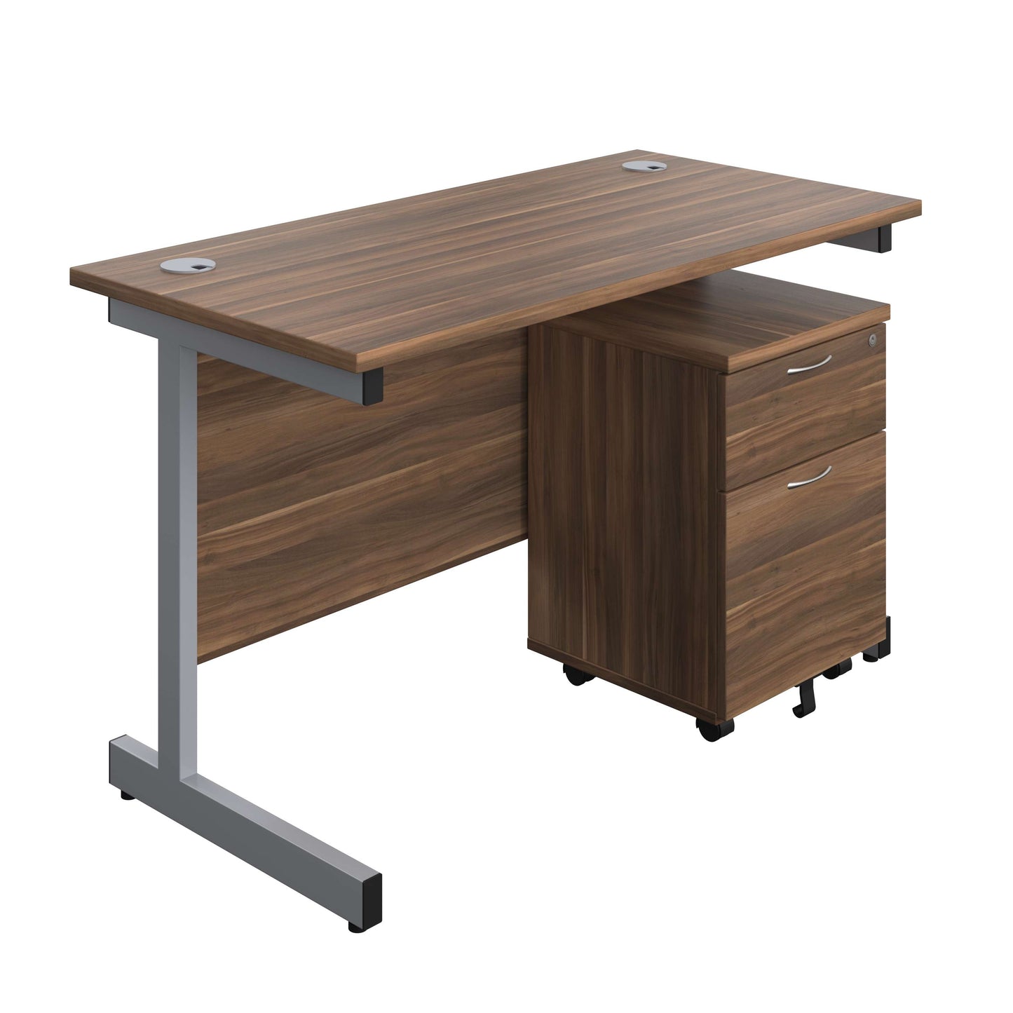 Single Upright Rectangular Desk + Mobile 2 Drawer Pedestal (FSC) | 1200 X 600 | Dark Walnut/Silver