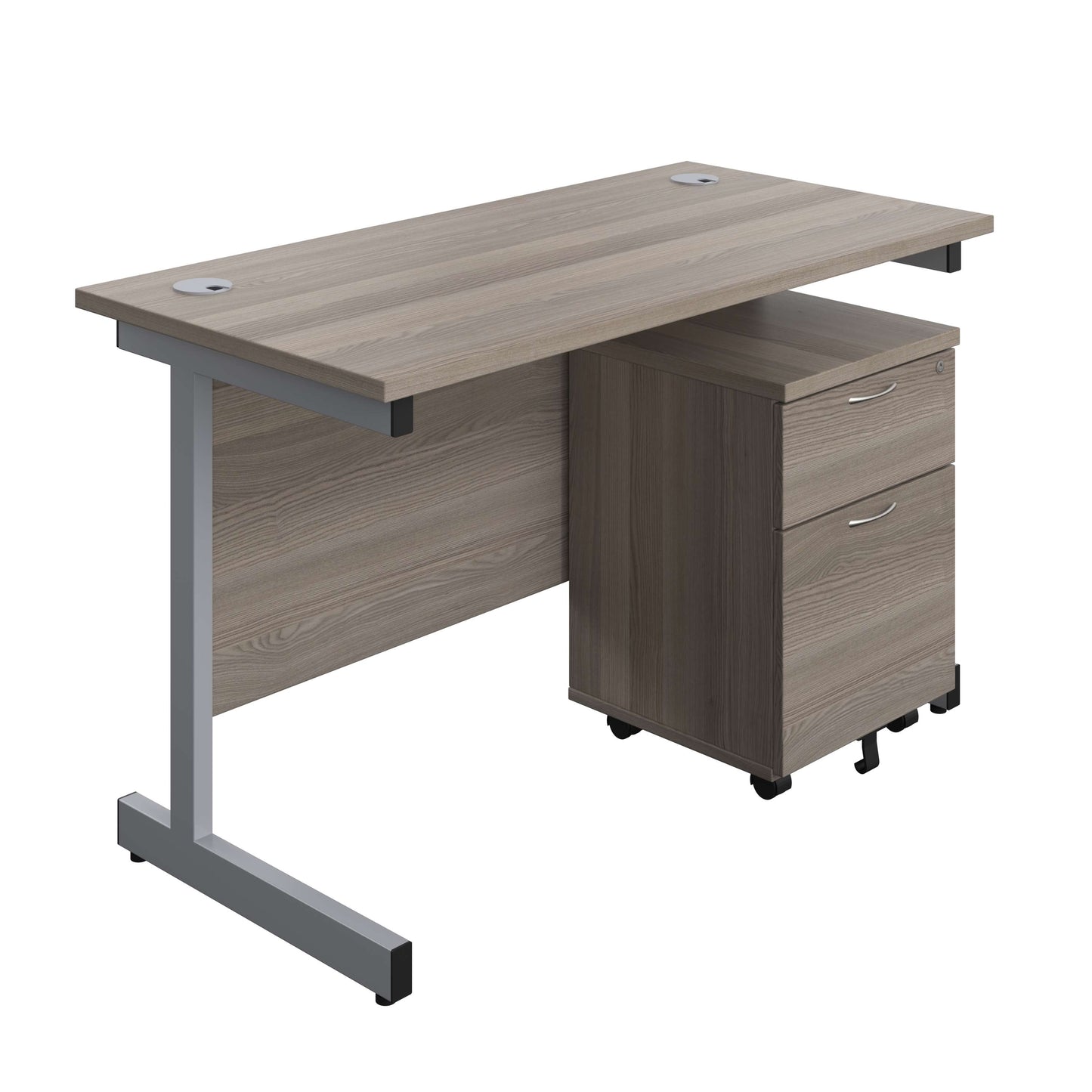 Single Upright Rectangular Desk + Mobile 2 Drawer Pedestal (FSC) | 1200 X 600 | Grey Oak/Silver