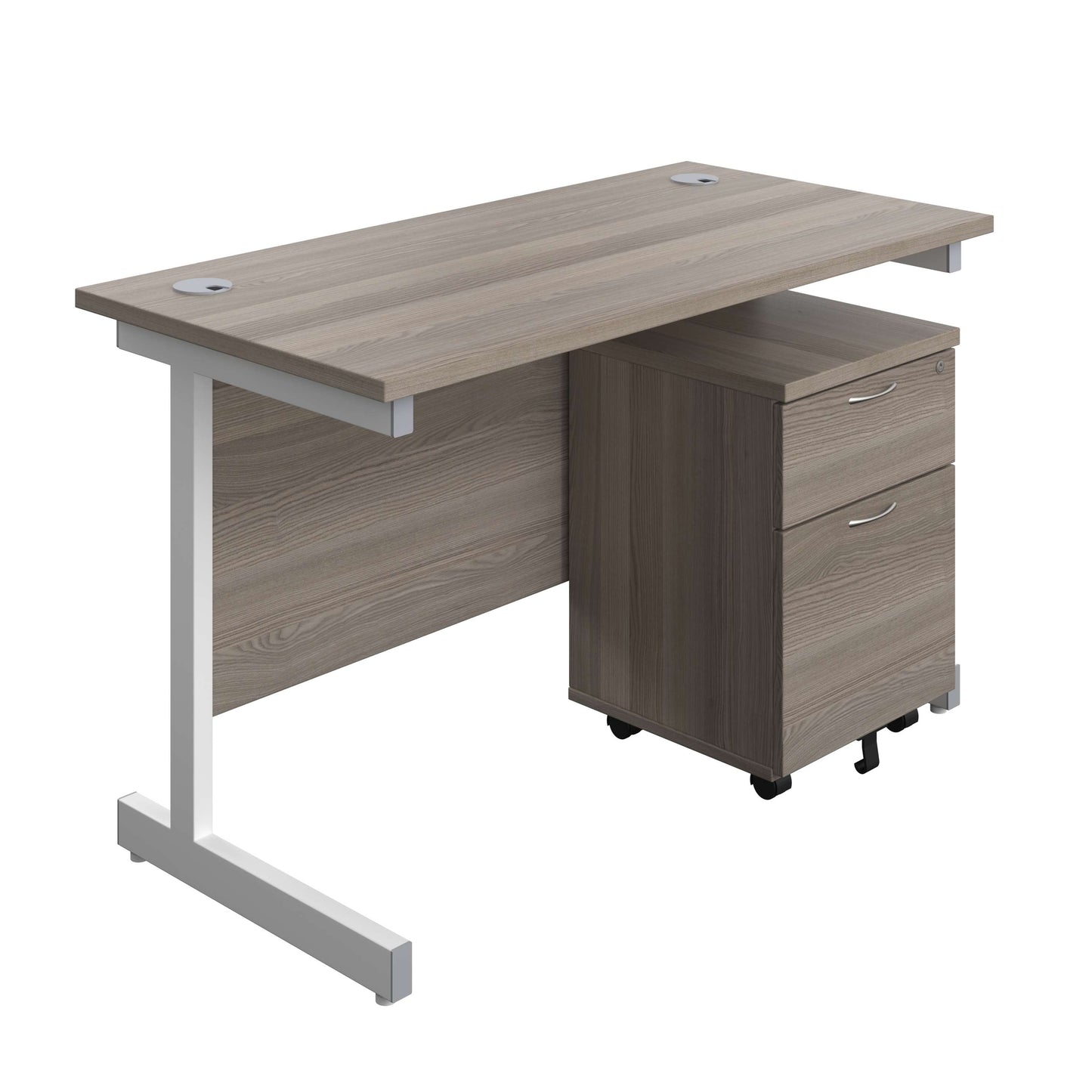 Single Upright Rectangular Desk + Mobile 2 Drawer Pedestal (FSC) | 1200 X 600 | Grey Oak/White