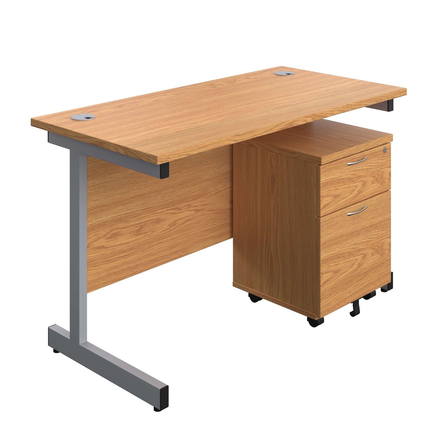 Single Upright Rectangular Desk + Mobile 2 Drawer Pedestal (FSC) | 1200 X 600 | Nova Oak/Silver