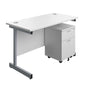 Single Upright Rectangular Desk + Mobile 2 Drawer Pedestal (FSC) | 1200 X 600 | White/Silver