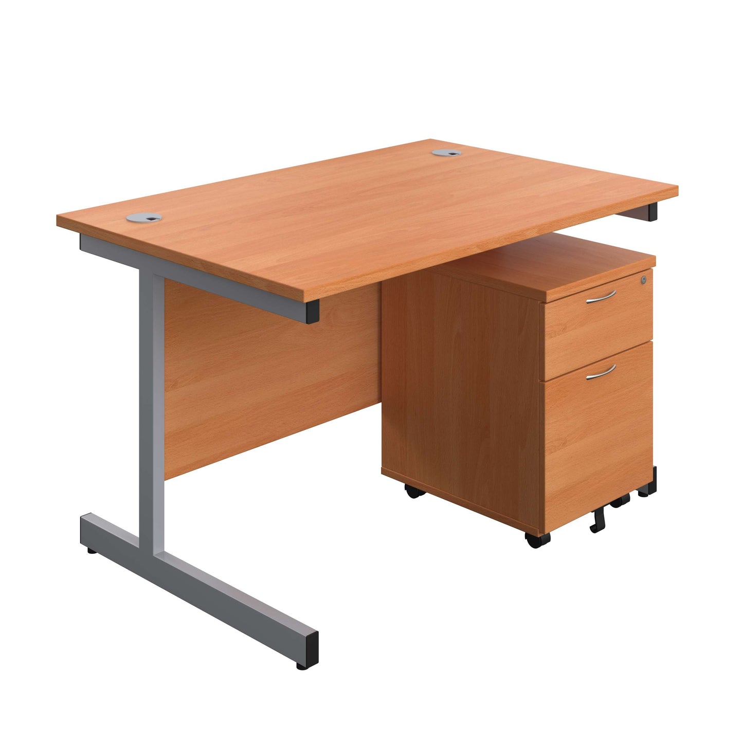 Single Upright Rectangular Desk + Mobile 2 Drawer Pedestal (FSC) | 1200 X 800 | Beech/Silver