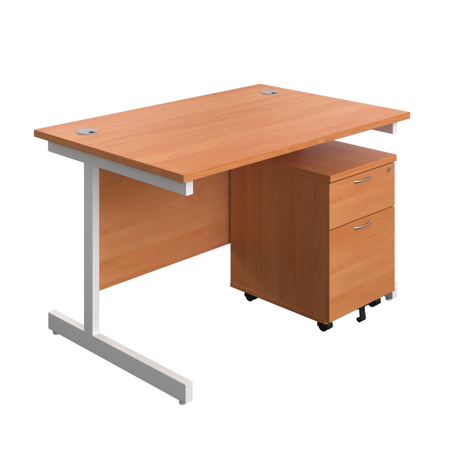 Single Upright Rectangular Desk + Mobile 2 Drawer Pedestal (FSC) | 1200 X 800 | Beech/White