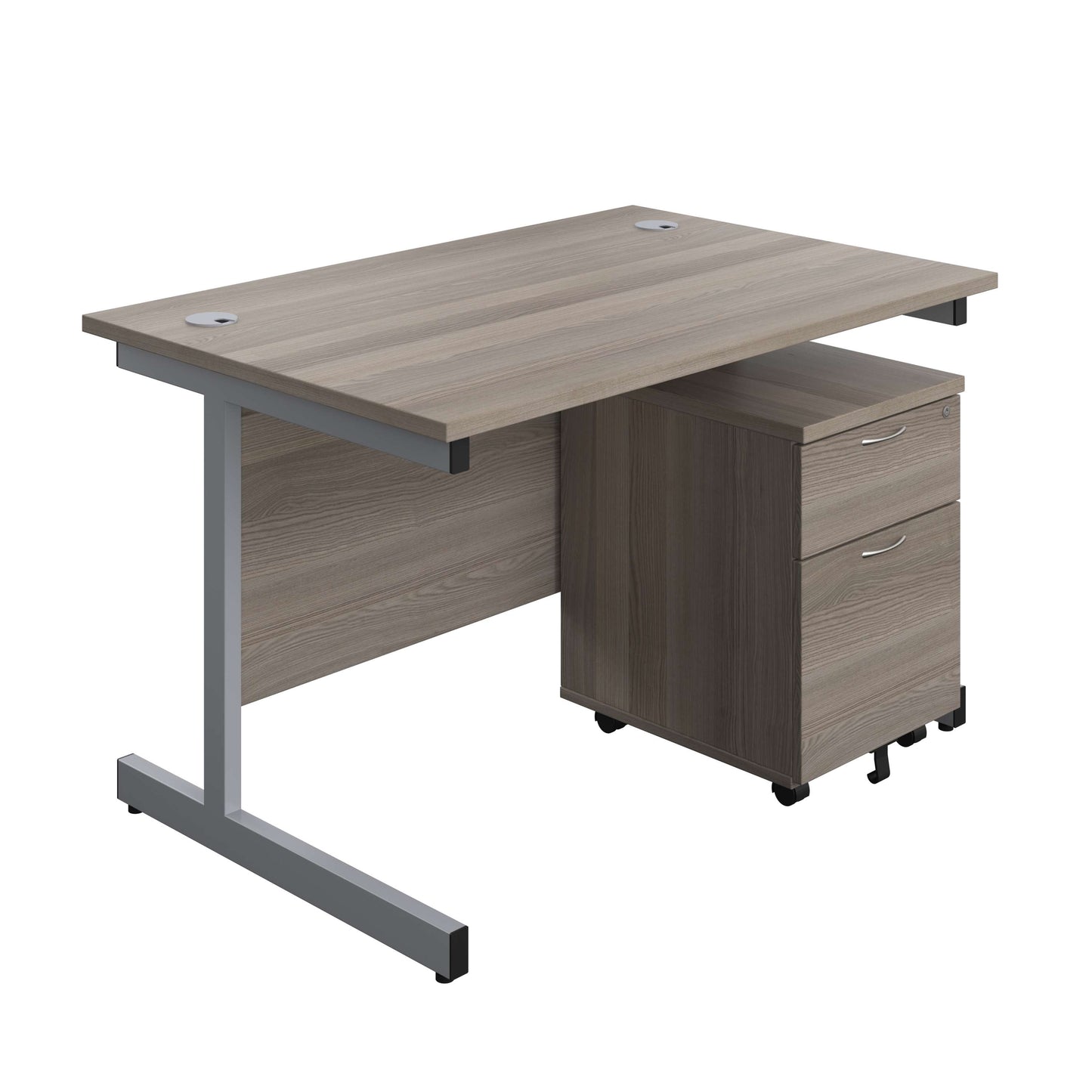 Single Upright Rectangular Desk + Mobile 2 Drawer Pedestal (FSC) | 1200 X 800 | Grey Oak/Silver