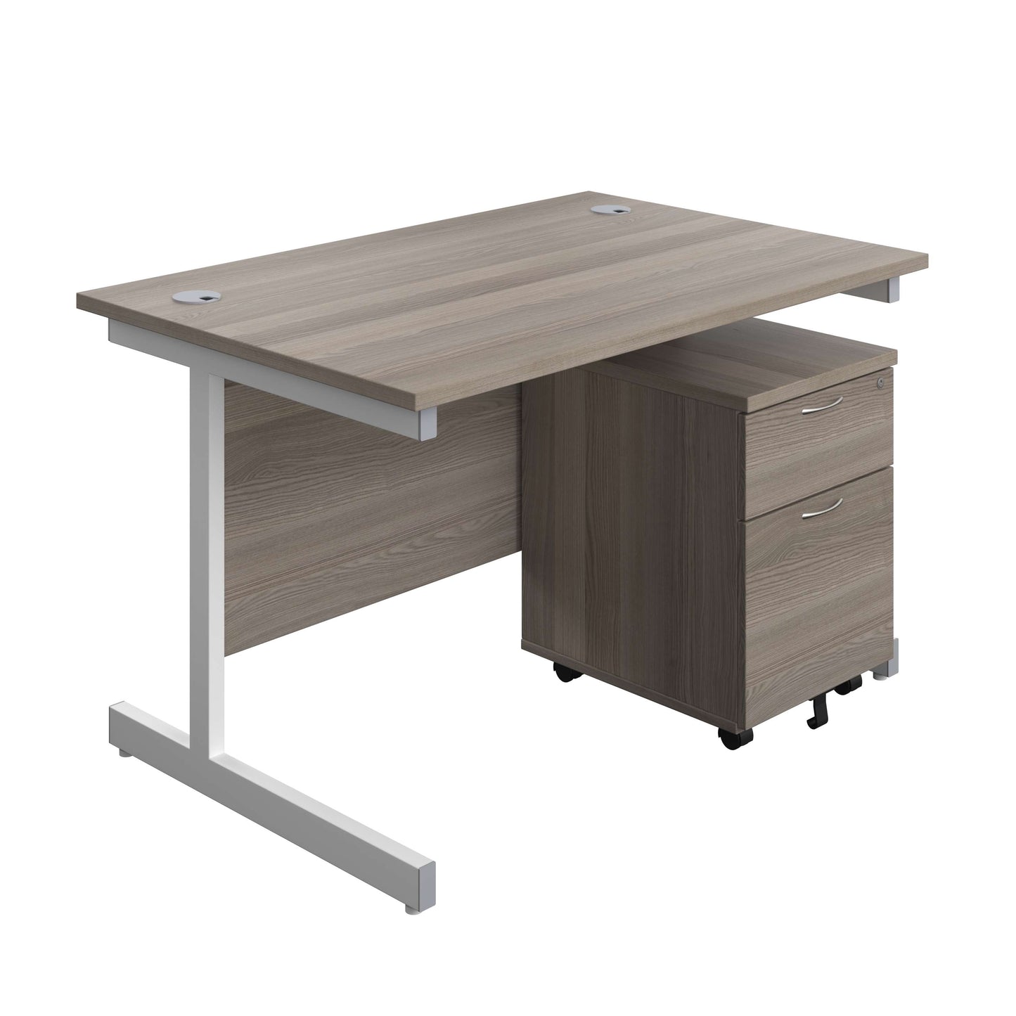 Single Upright Rectangular Desk + Mobile 2 Drawer Pedestal (FSC) | 1200 X 800 | Grey Oak/White