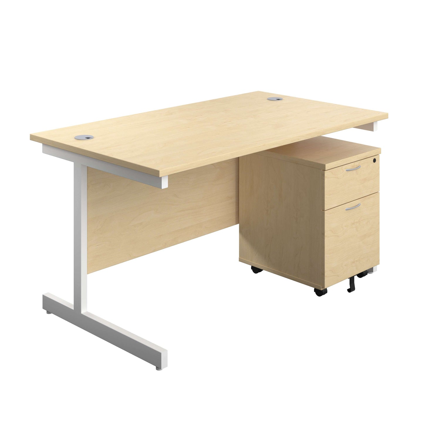 Single Upright Rectangular Desk + Mobile 2 Drawer Pedestal (FSC) | 1200 X 800 | Maple/White