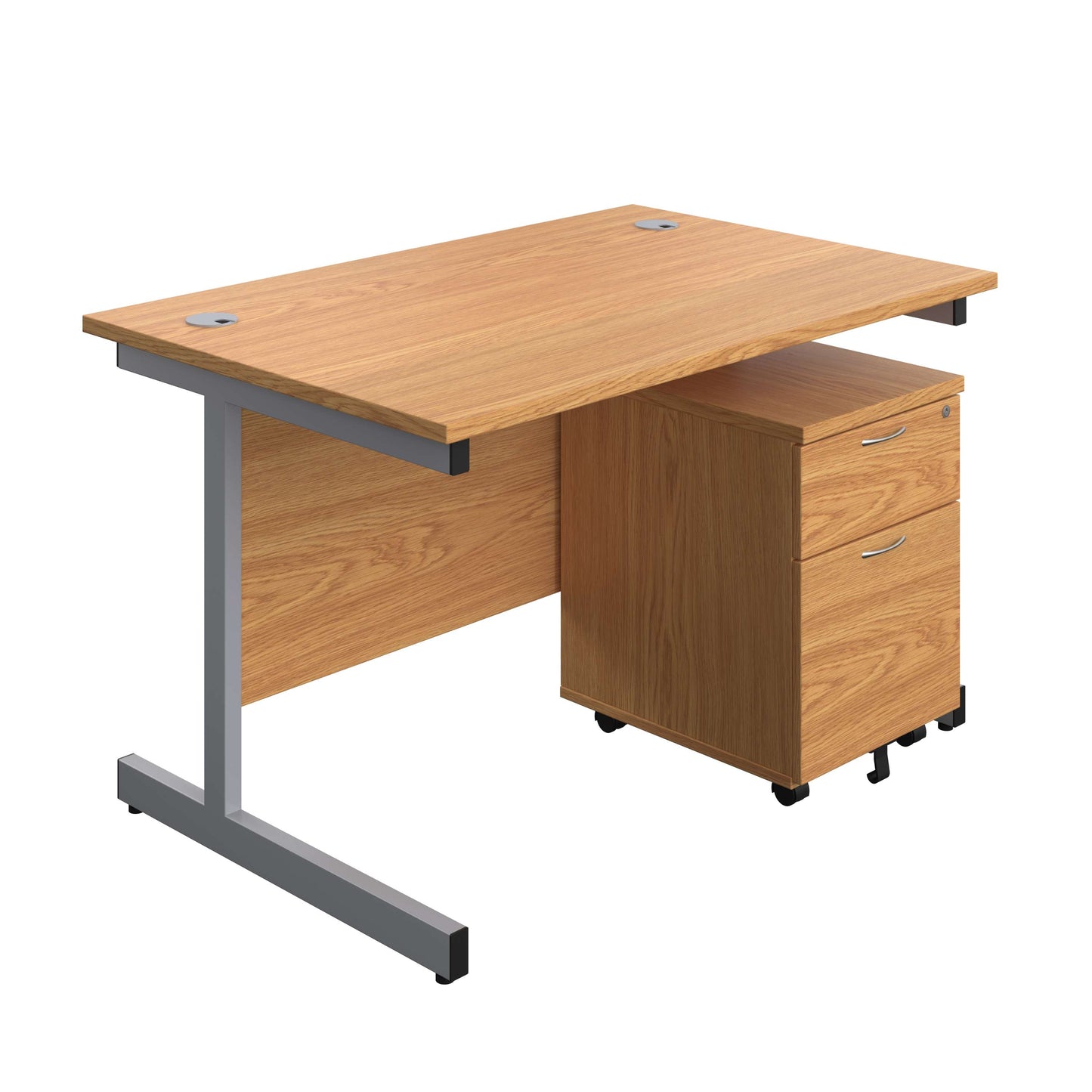 Single Upright Rectangular Desk + Mobile 2 Drawer Pedestal (FSC) | 1200 X 800 | Nova Oak/Silver