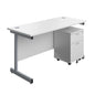 Single Upright Rectangular Desk + Mobile 2 Drawer Pedestal (FSC) | 1400 X 600 | White/Silver