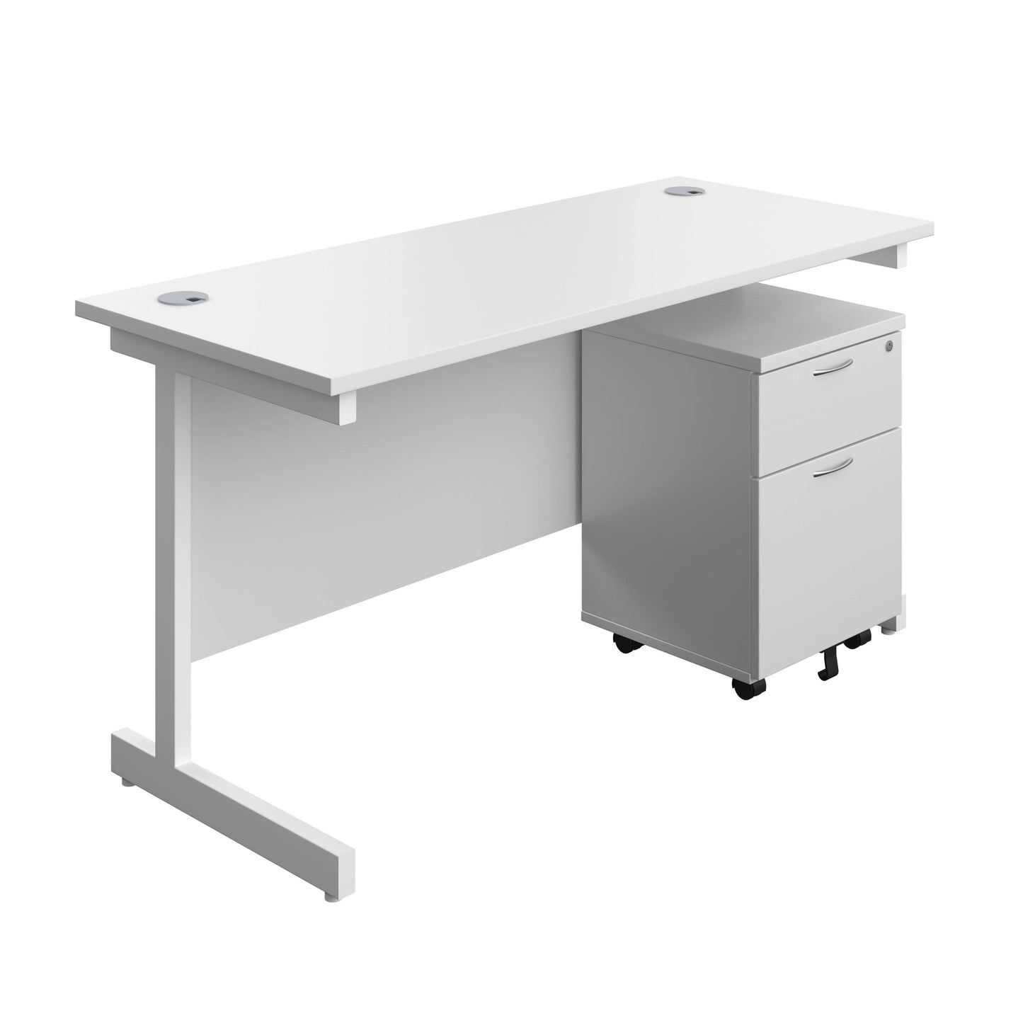 Single Upright Rectangular Desk + Mobile 2 Drawer Pedestal (FSC) | 1400 X 600 | White/White