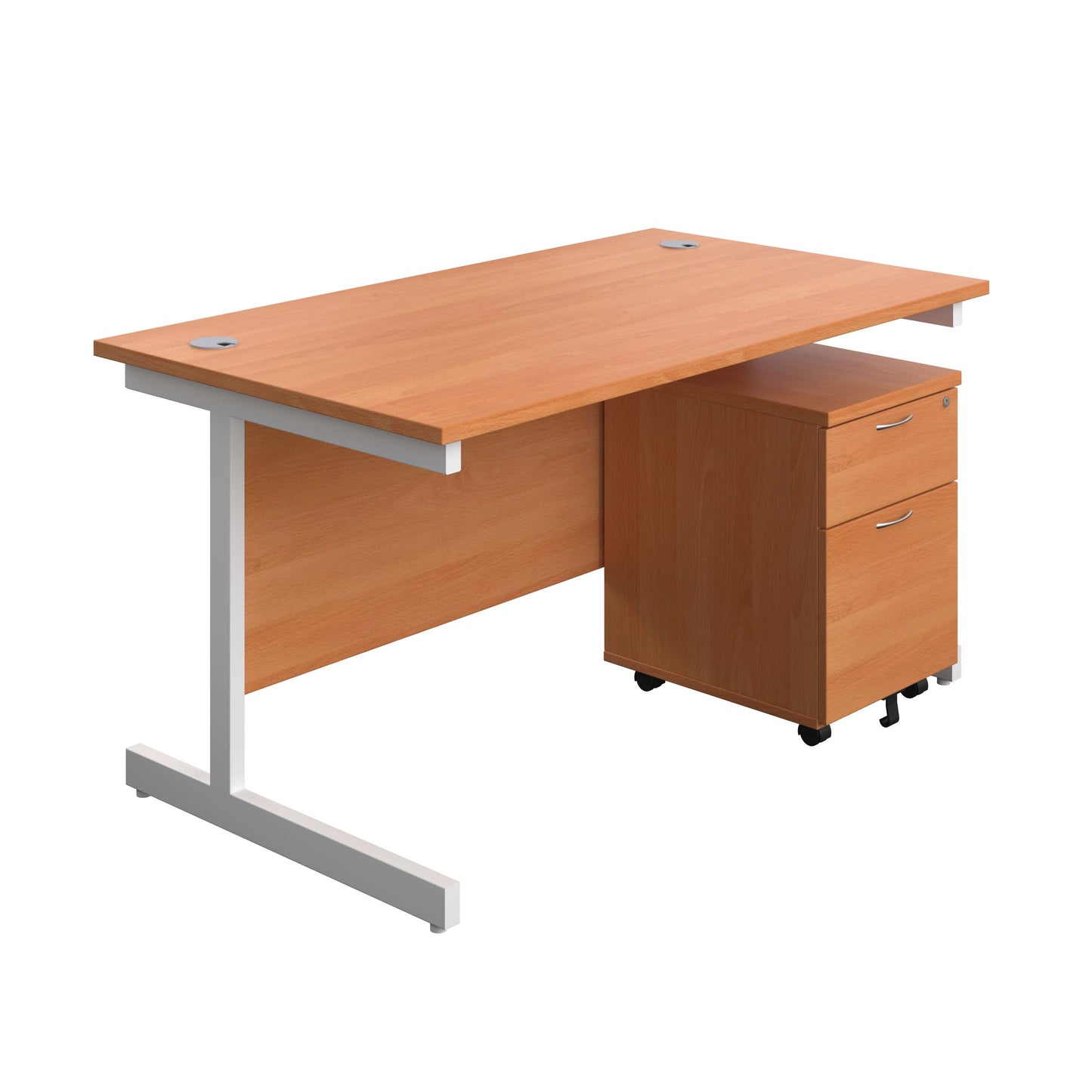 Single Upright Rectangular Desk + Mobile 2 Drawer Pedestal (FSC) | 1400 X 800 | Beech/White