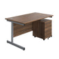 Single Upright Rectangular Desk + Mobile 2 Drawer Pedestal (FSC) | 1400 X 800 | Dark Walnut/Silver