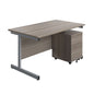 Single Upright Rectangular Desk + Mobile 2 Drawer Pedestal (FSC) | 1400 X 800 | Grey Oak/Silver