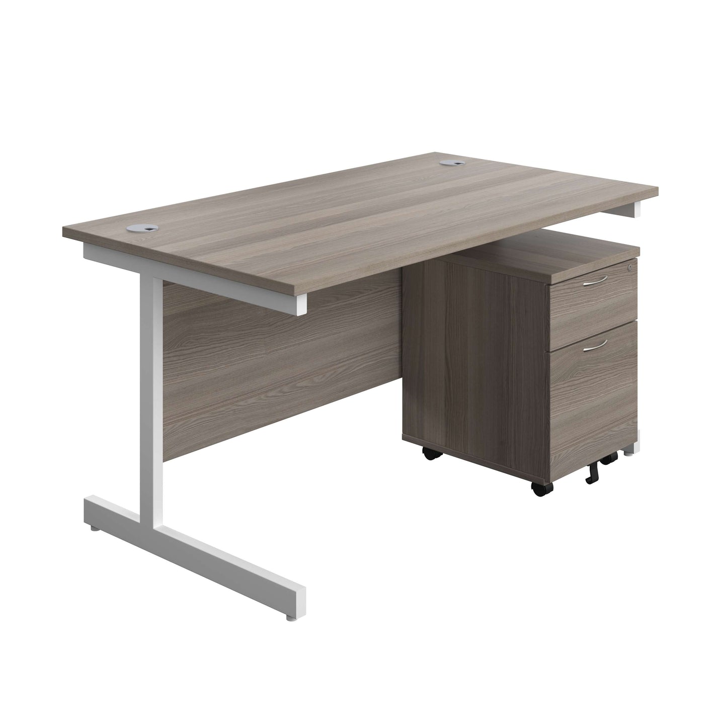 Single Upright Rectangular Desk + Mobile 2 Drawer Pedestal (FSC) | 1400 X 800 | Grey Oak/White