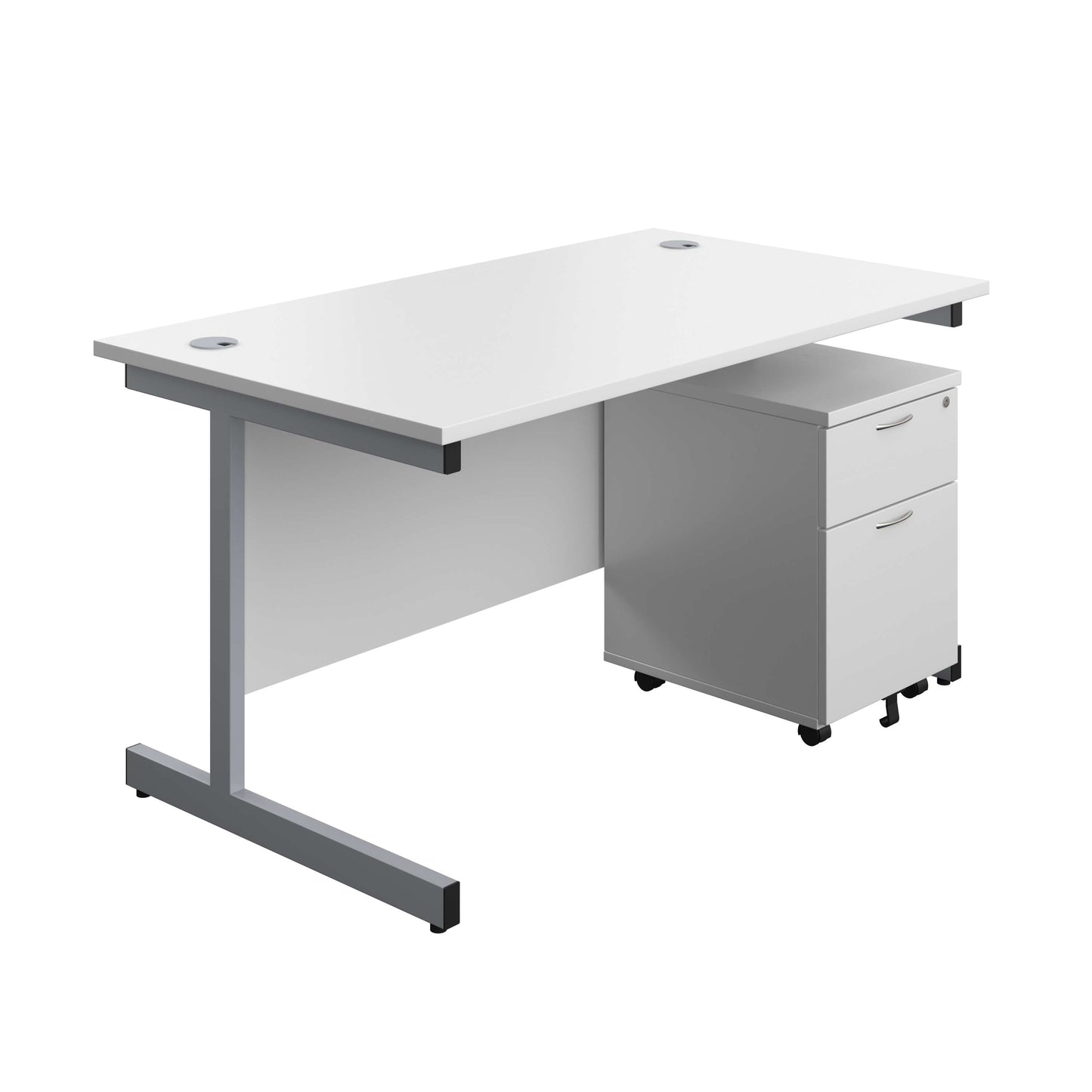 Single Upright Rectangular Desk + Mobile 2 Drawer Pedestal (FSC) | 1400 X 800 | White/Silver