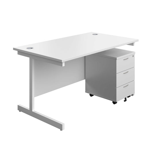 Single Upright Rectangular Desk + Mobile 3 Drawer Pedestal (FSC) | 1400 X 800 | White/White