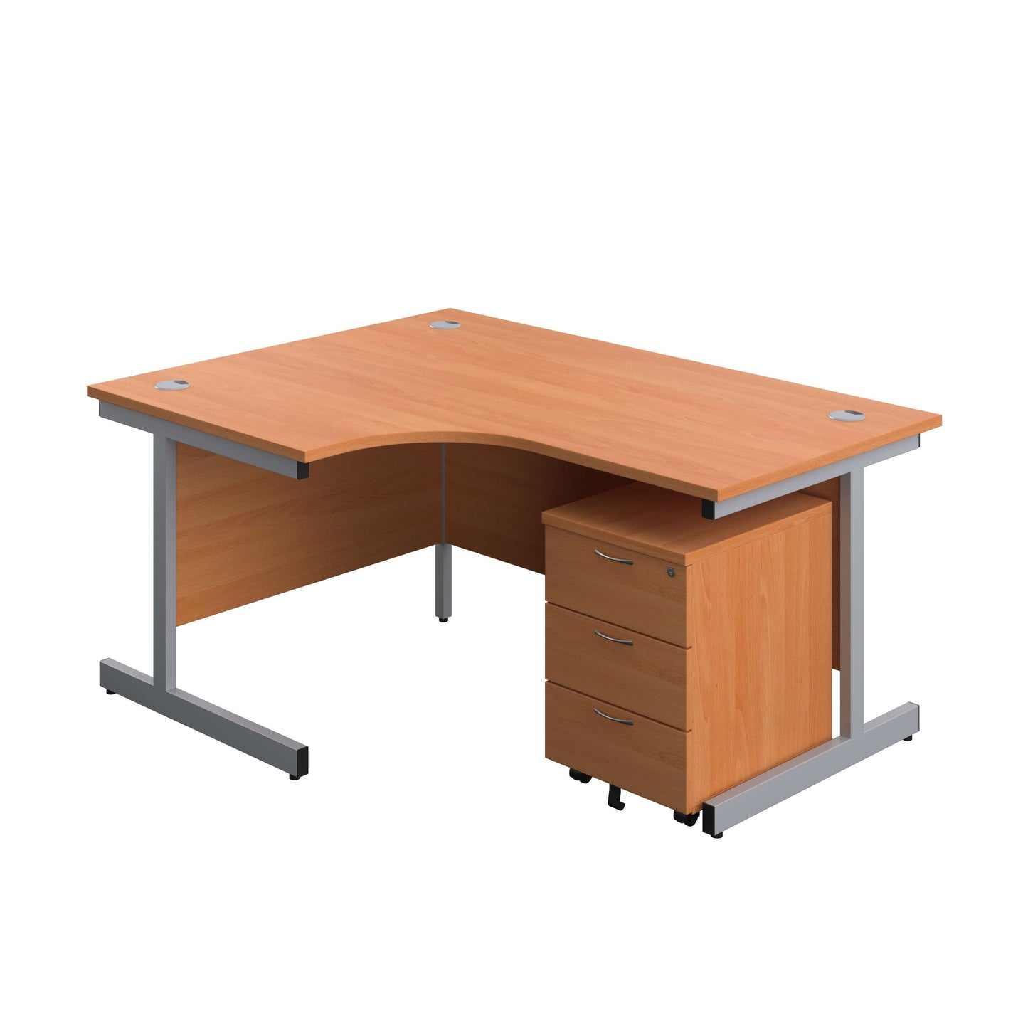 Single Upright Left Hand Radial Desk + Mobile 3 Drawer Pedestal (FSC) | 1600 X 1200 | Beech/Silver