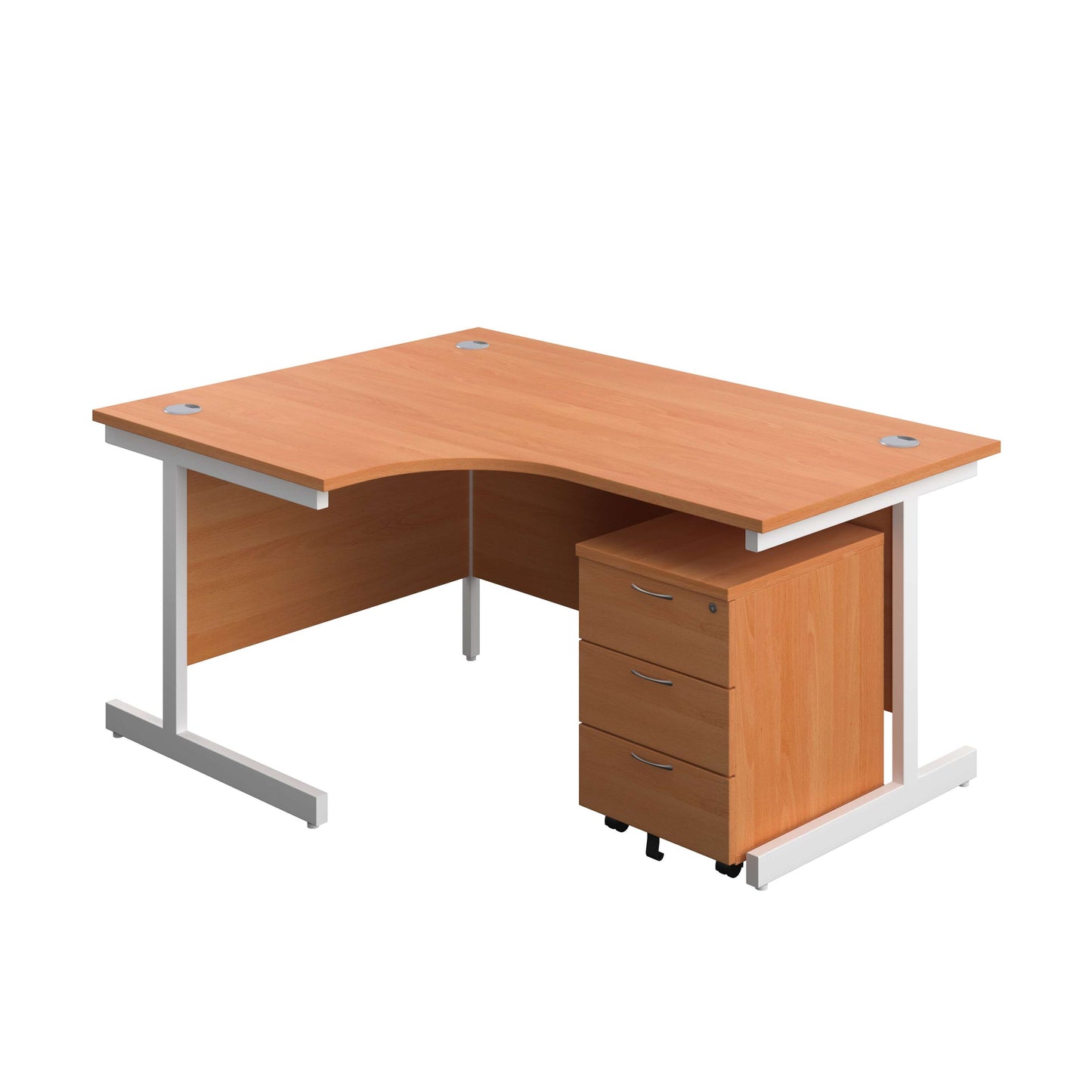 Single Upright Left Hand Radial Desk + Mobile 3 Drawer Pedestal (FSC) | 1600 X 1200 | Beech/White