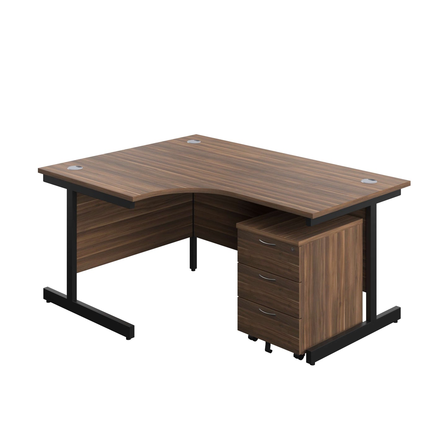 Single Upright Left Hand Radial Desk + Mobile 3 Drawer Pedestal (FSC) | 1600 X 1200 | Dark Walnut/Black